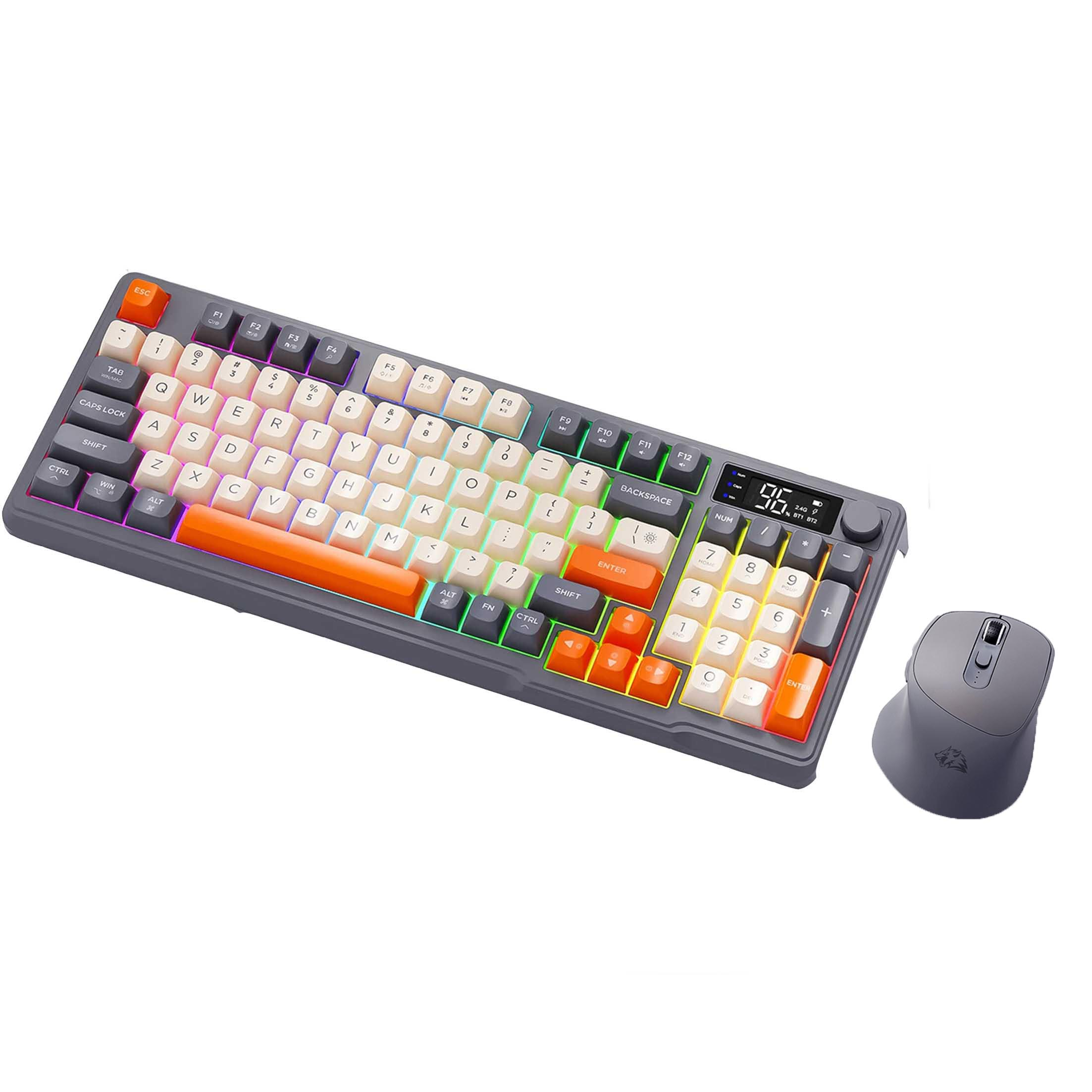 Szara klawiatura mechaniczna z pomarańczowymi akcentami, klawiaturą numeryczną i małą szarą myszką na białym tle. Klawisze są podświetlone.
