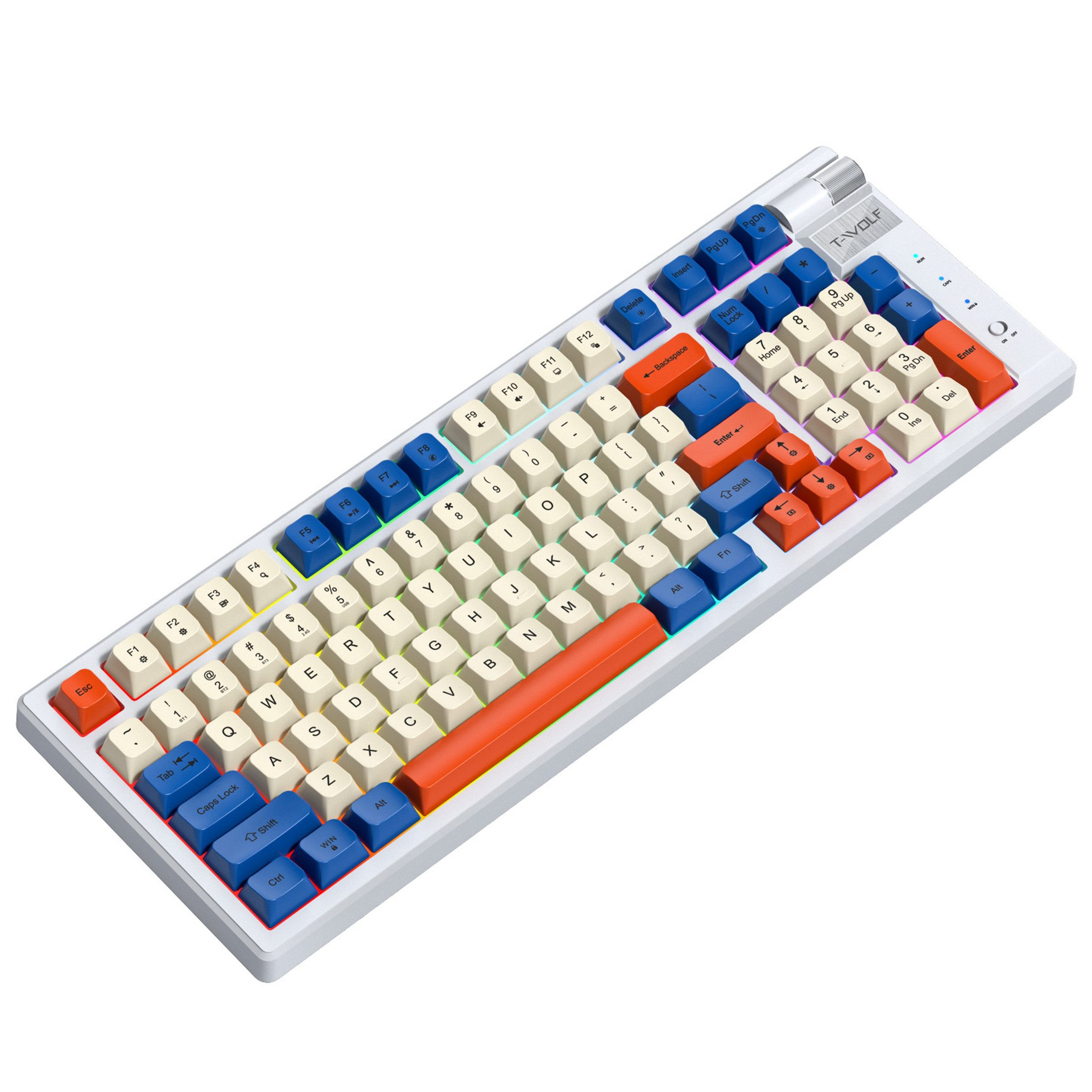 Eine weiße Tastatur mit blauen, roten und orangenen Tasten. Es hat einen silbernen Rahmen.