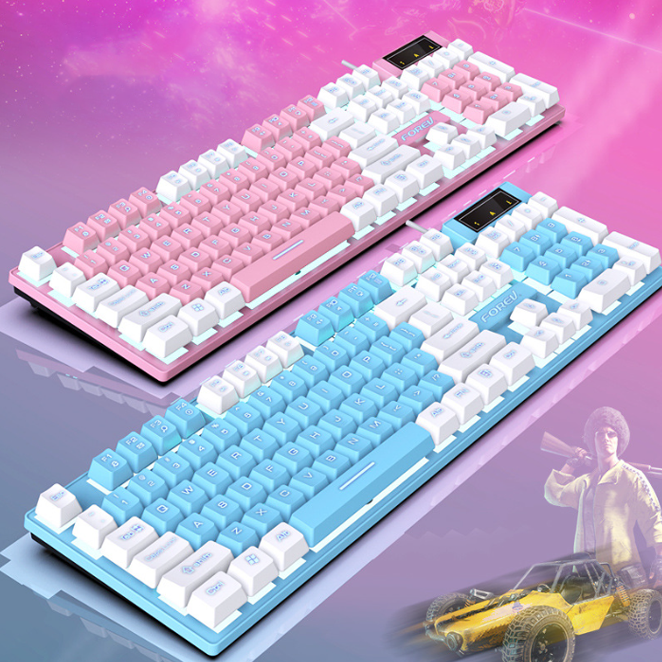 Zwei mechanische Tastaturen. Eine rosa und weiß, die andere blau und weiß. Ein Cartoon-Bild ist in der unteren rechten Ecke.