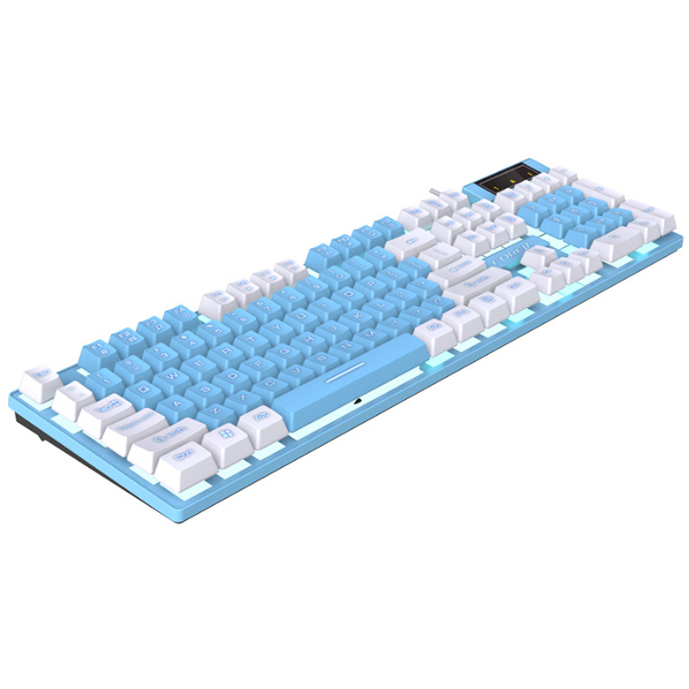 Eine hellblaue und weiße mechanische Tastatur mit Nummernblock. Sie steht auf weißem Hintergrund und die Tasten leuchten.