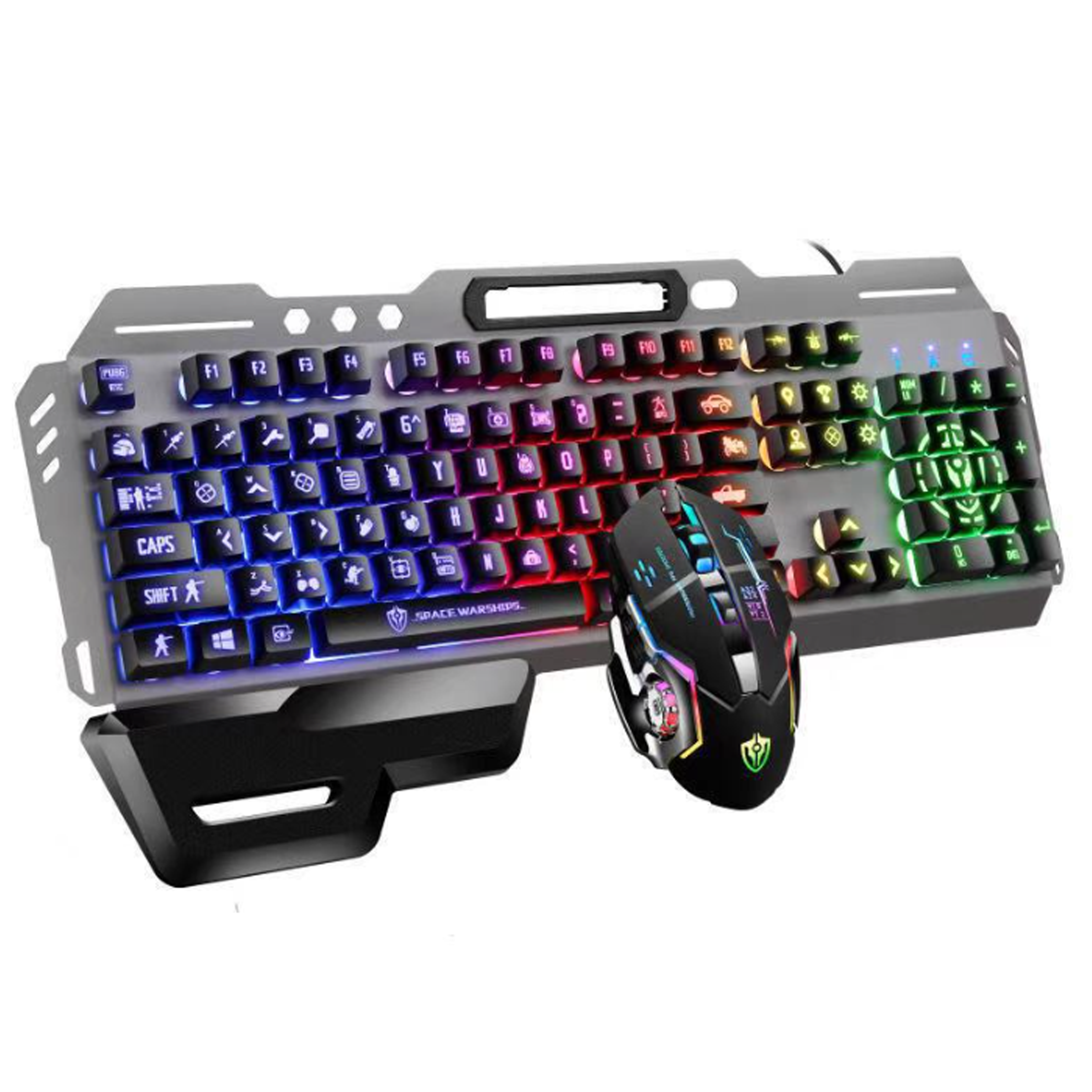 Gaming-Tastatur- und Maus-Kombi. Die Tastatur hat farbige Lichter, die Maus ist schwarz mit roten und blauen Akzenten.