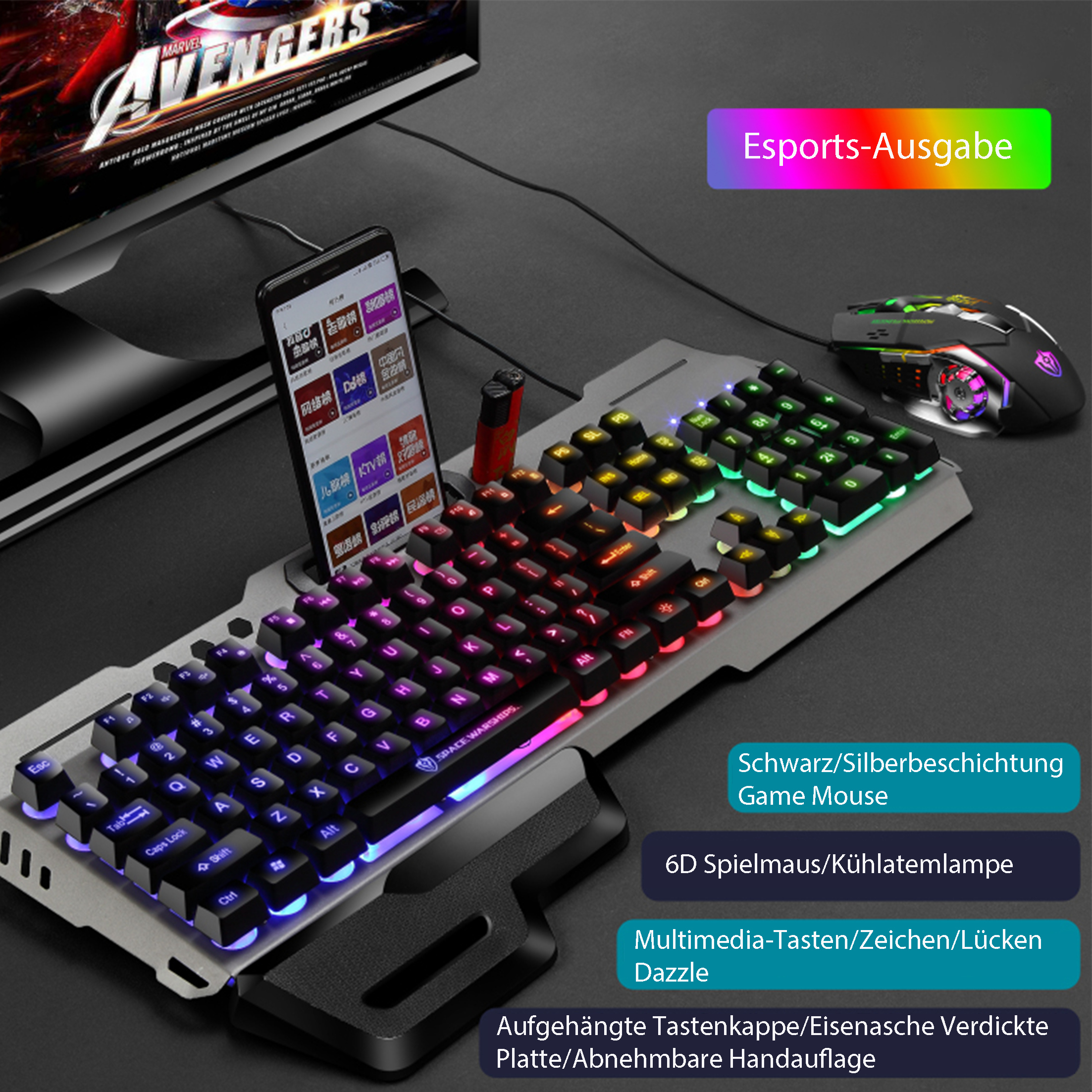 Gaming-Setup mit Tastatur, Maus, Telefon und Monitor. Tastatur mit bunten Lichtern und Handgelenkauflage. Telefon aufrecht.