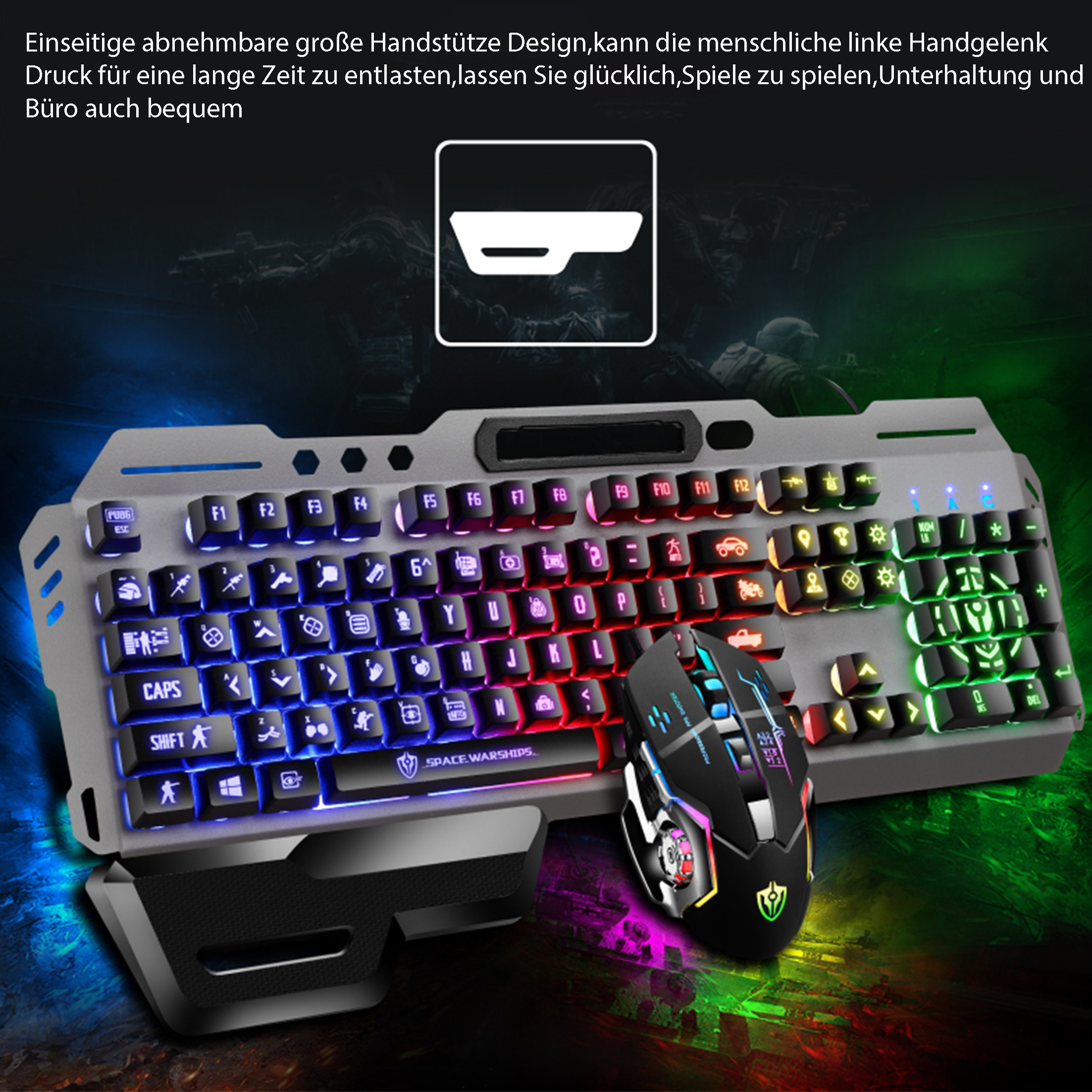 Gaming-Tastatur und -Maus. Tastatur mit bunten Lichtern, Handgelenkauflage. Maus schwarz mit bunten Akzenten.