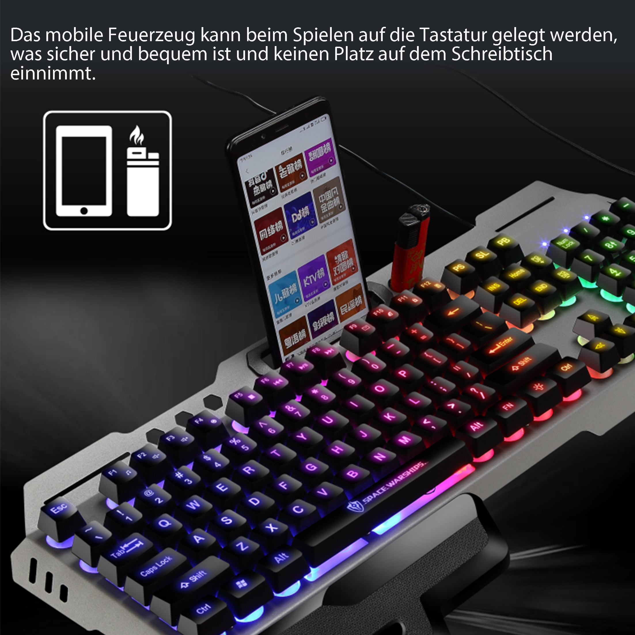 Nahaufnahme einer Gaming-Tastatur. Ein Telefon ist aufrecht auf der Tastatur platziert. Die Tastatur hat farbige Lichter.