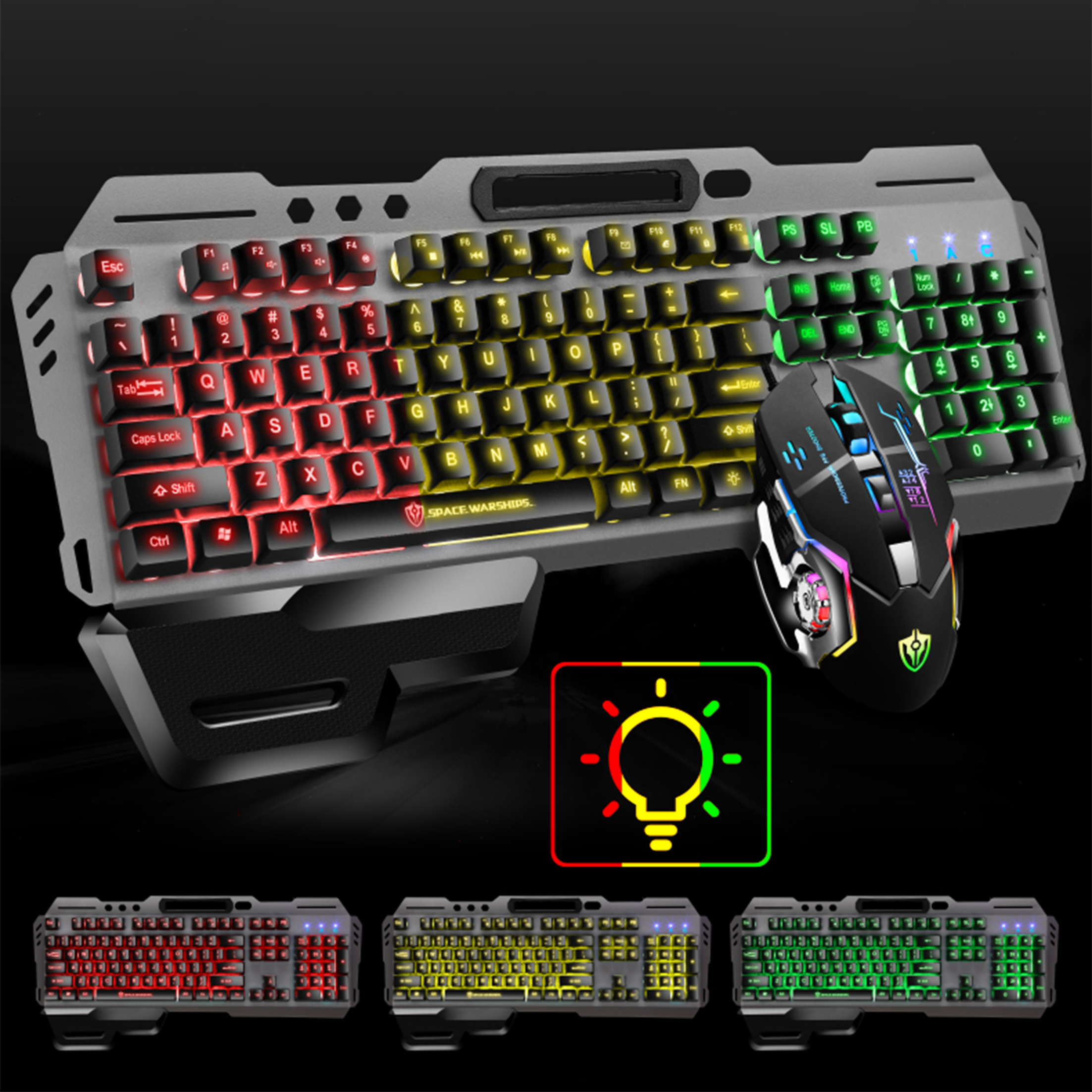 Gaming-Tastatur und -Maus. Tastatur mit bunten Lichtern. Die Maus hat farbige Lichter. Drei Tastatur-Optionen.