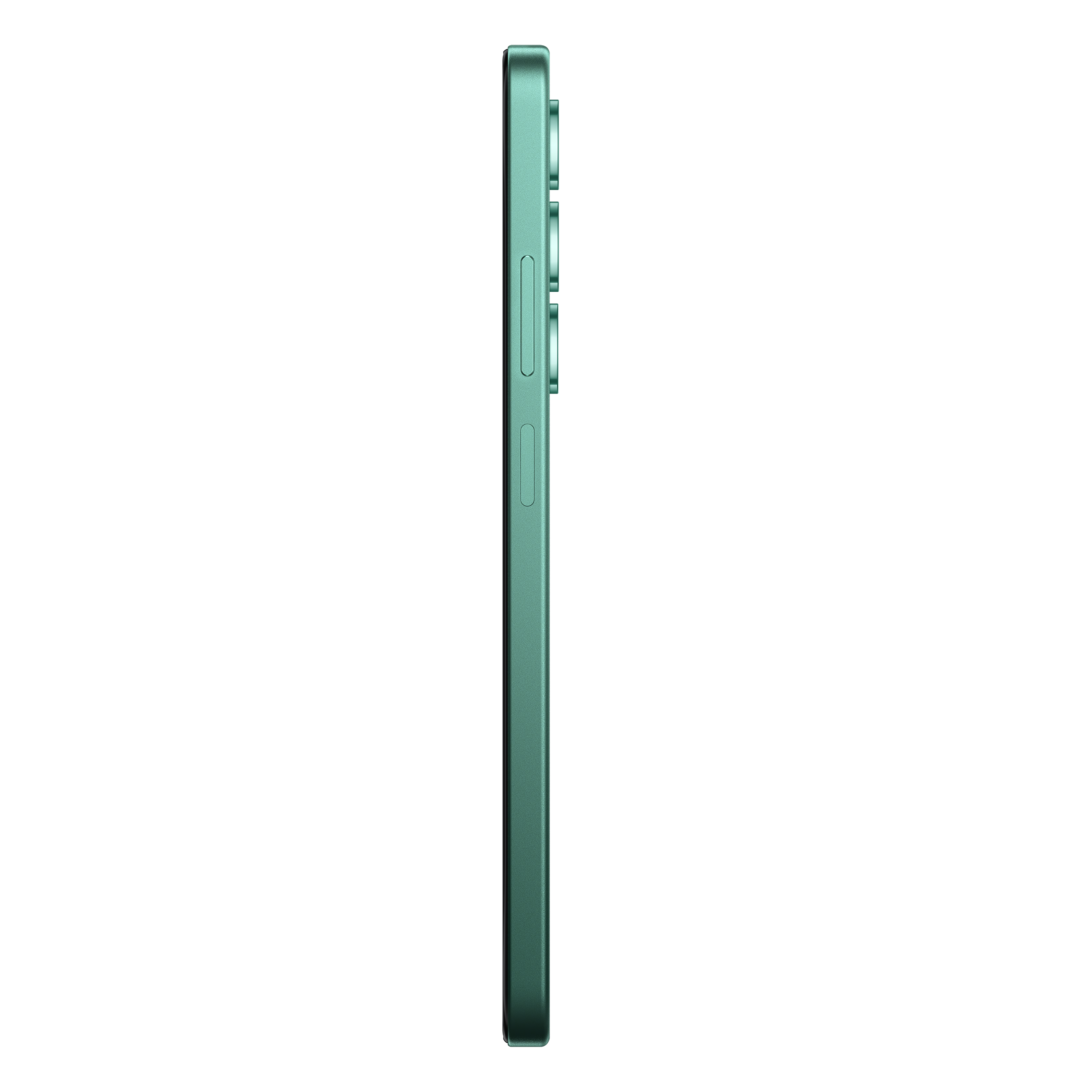 Vue latérale d'un smartphone vert. Fond noir.
