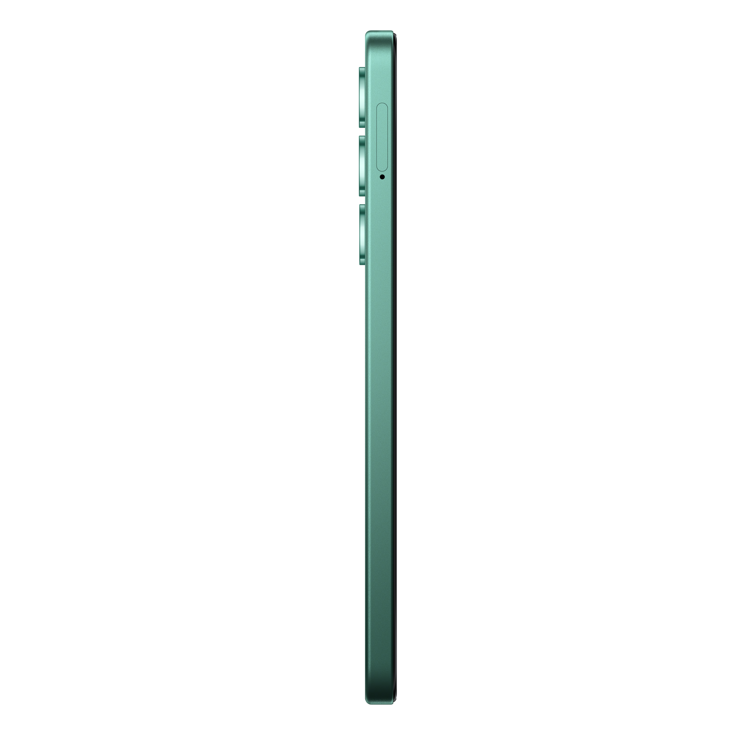Side view of a green smartphone. The camera bump is visible. Black background.