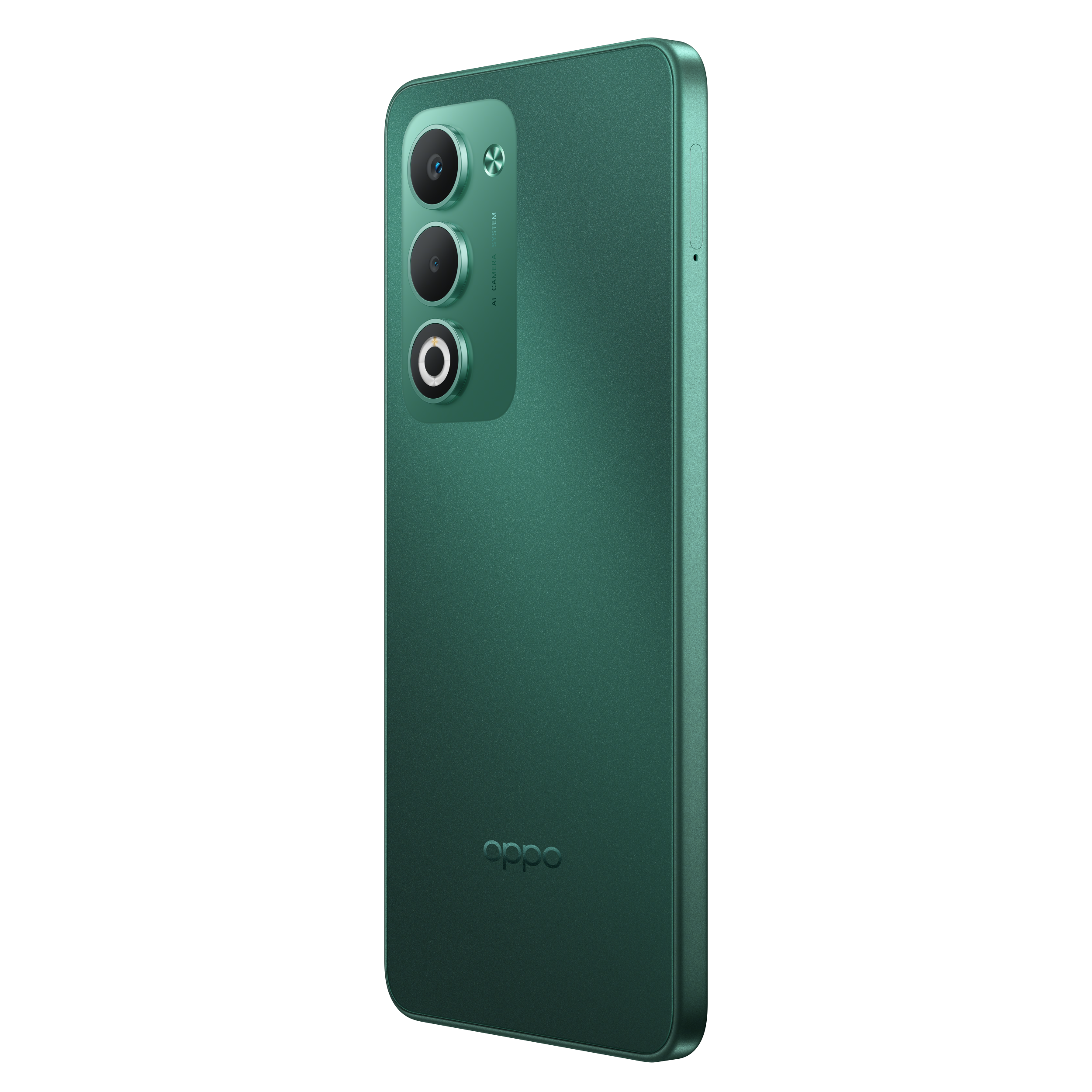 Zielona tylna strona smartfona z trzema aparatami, tekstem 'AI Camera' i logo 'oppo', na czarnym tle.