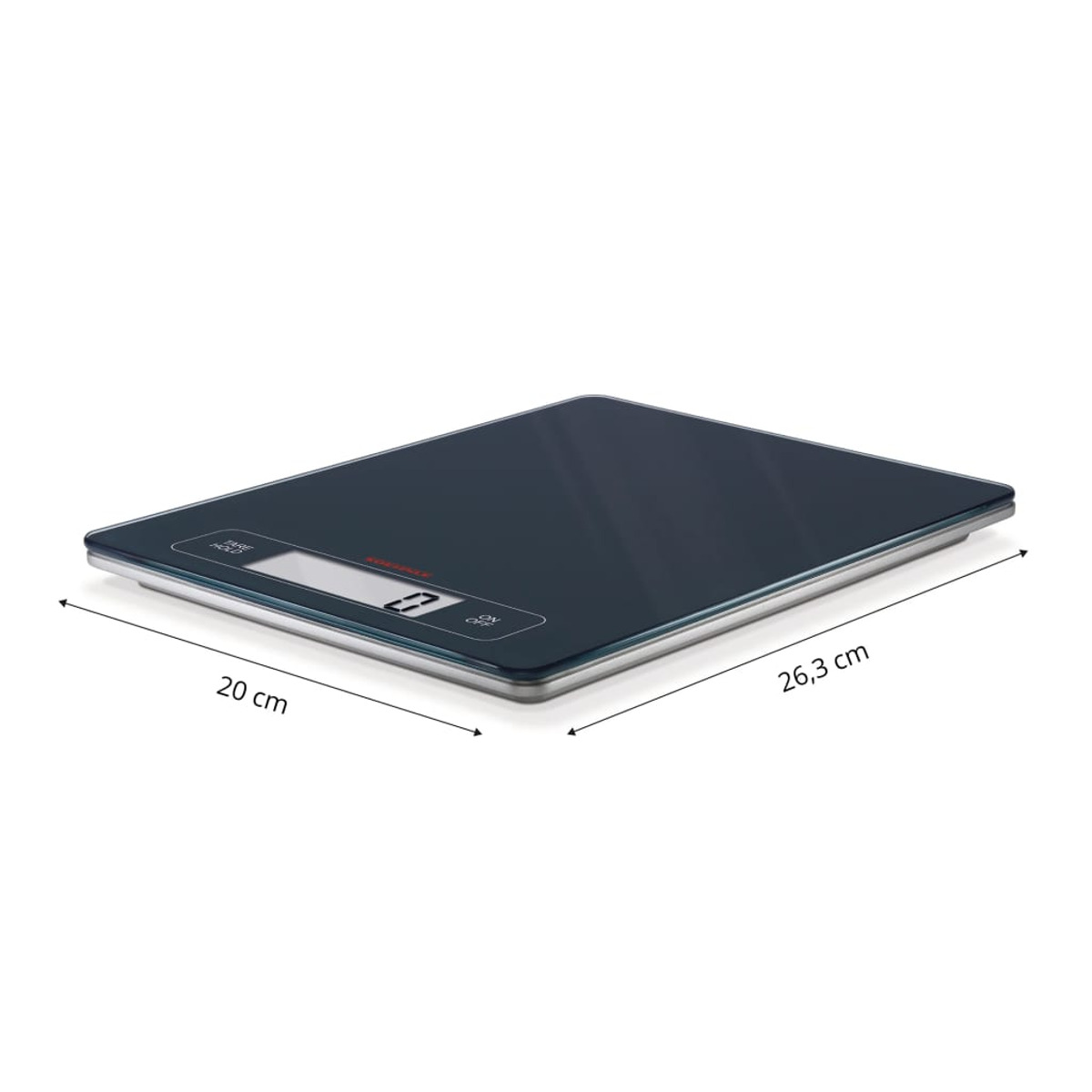 Wymiary wagi kuchennej. Pokazuje 20 cm i 26,3 cm na powierzchni.