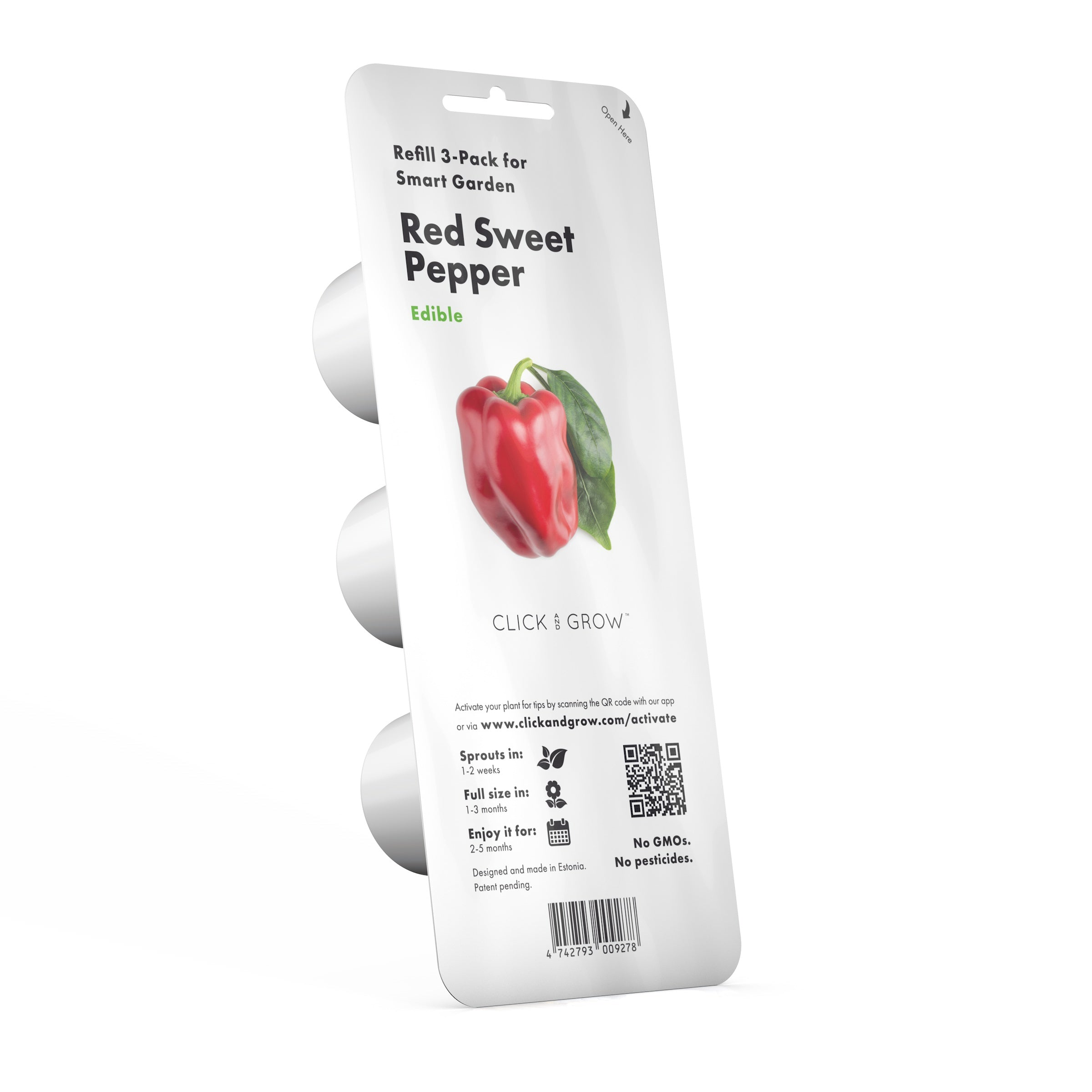 Confezione di peperone rosso. Peperone rosso e foglia. Capsule bianche a sinistra. Logo Click & Grow in basso.