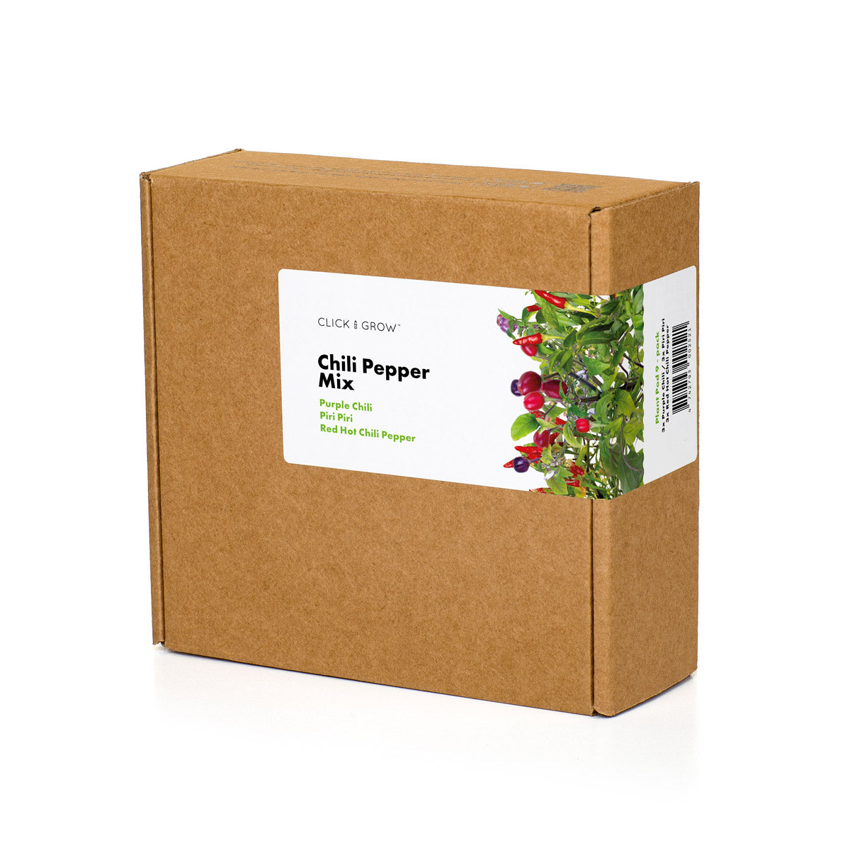 Une boîte en carton avec une étiquette. L'étiquette montre des variétés de piments et une image de la plante.