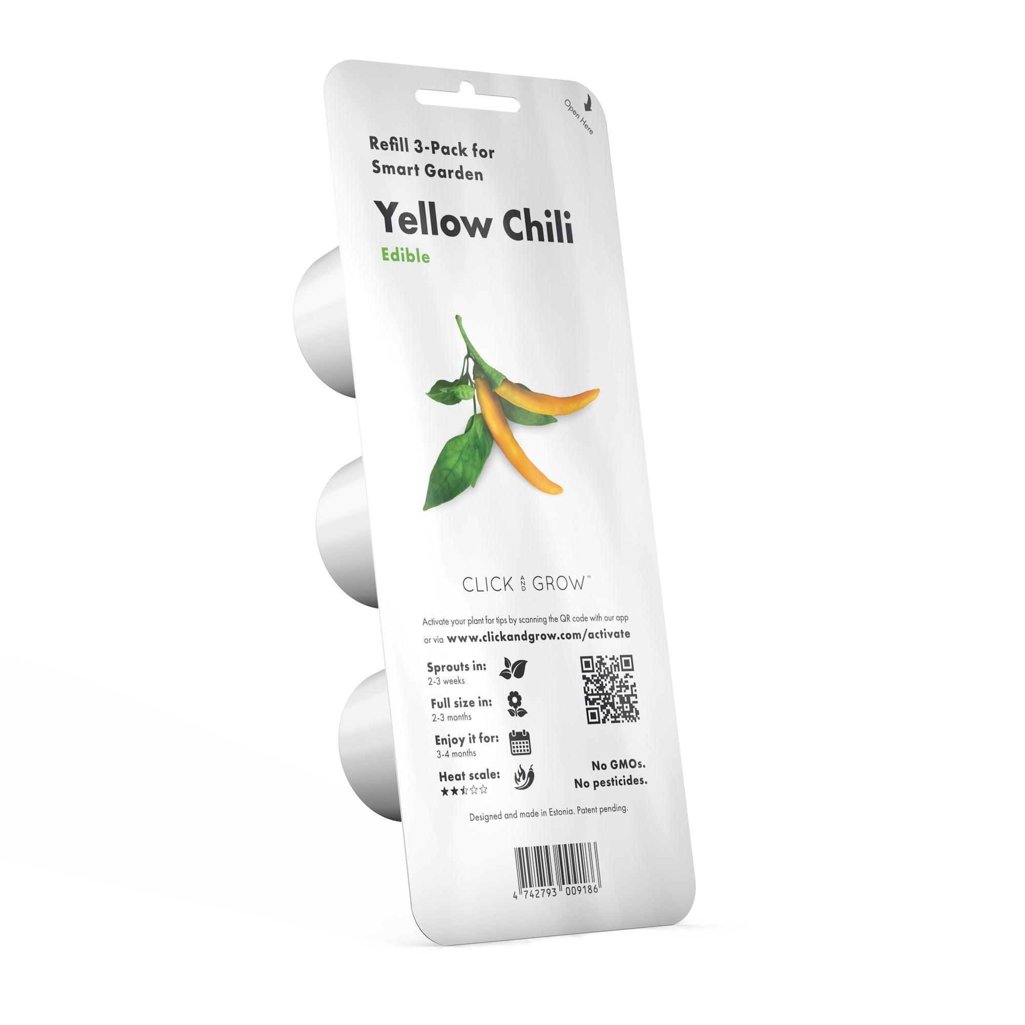 Paquet de piments jaunes. Piments jaunes et feuilles. Capsules blanches à gauche. Logo Click & Grow en bas.