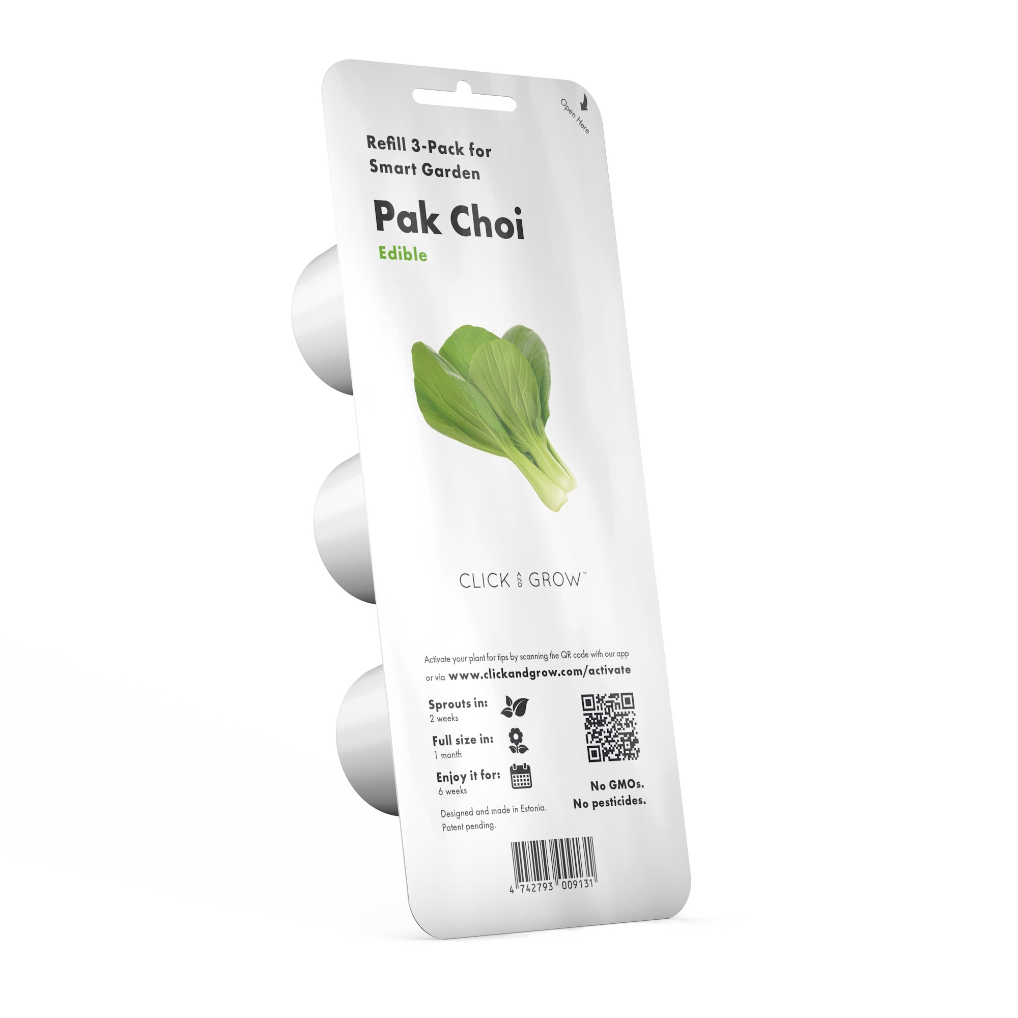 Paquet de Pak Choi. Feuilles vertes comestibles. Capsules blanches à gauche. Logo Click & Grow en bas.
