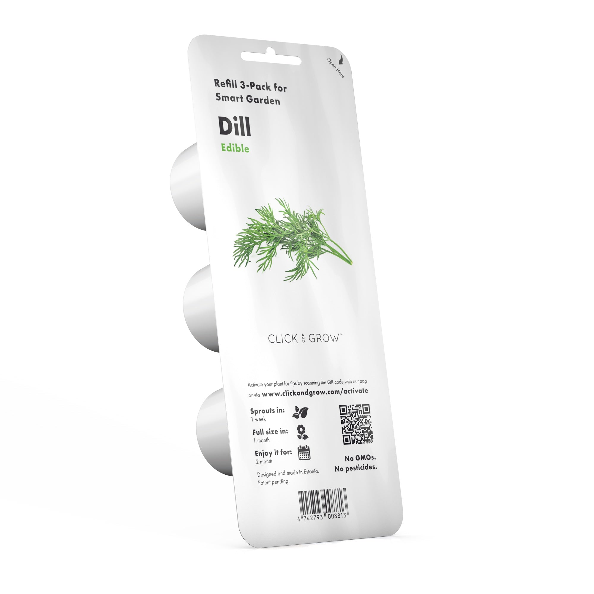Paquet d'aneth. Aneth vert sur le devant. Capsules blanches à gauche. Logo Click & Grow en bas.