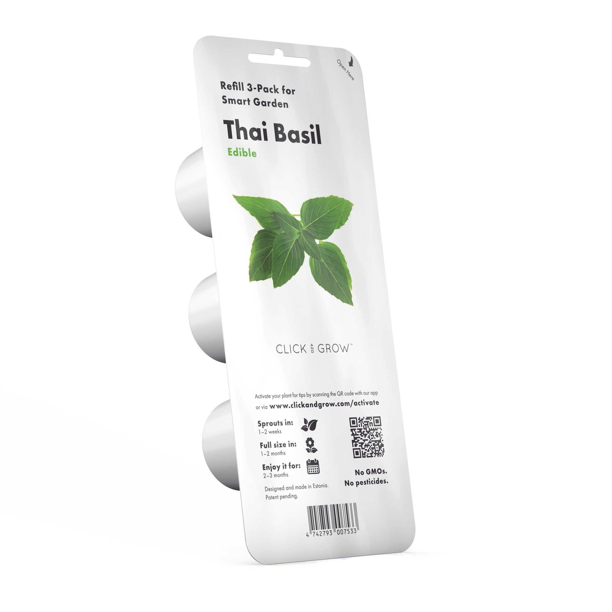 Paquet de Basilic thaï. Feuilles de basilic vertes. Capsules blanches à gauche. Logo Click & Grow en bas.