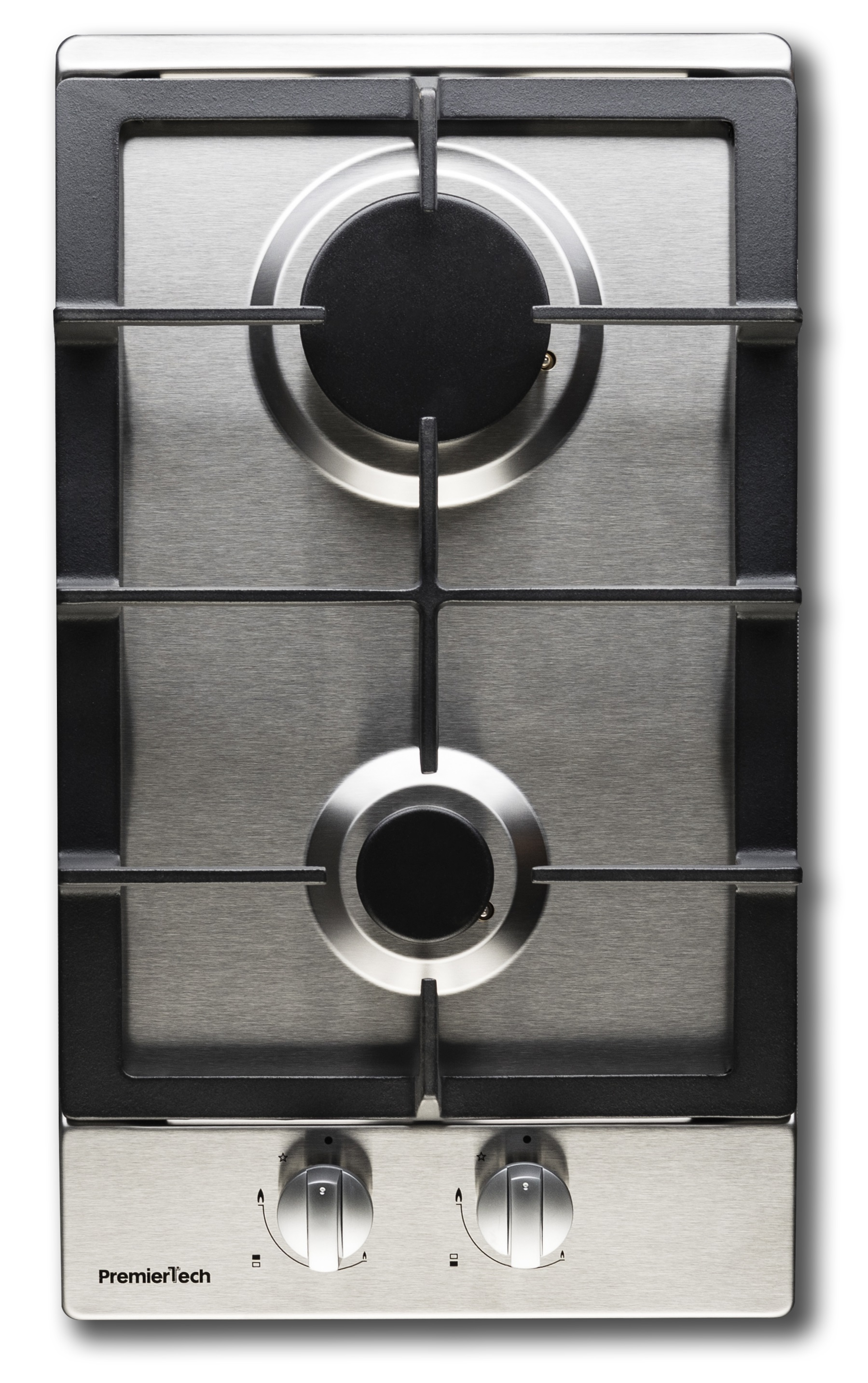 Piano cottura a gas in acciaio inox, due bruciatori, griglie nere e manopole argentate. Logo PremierTech visibile.