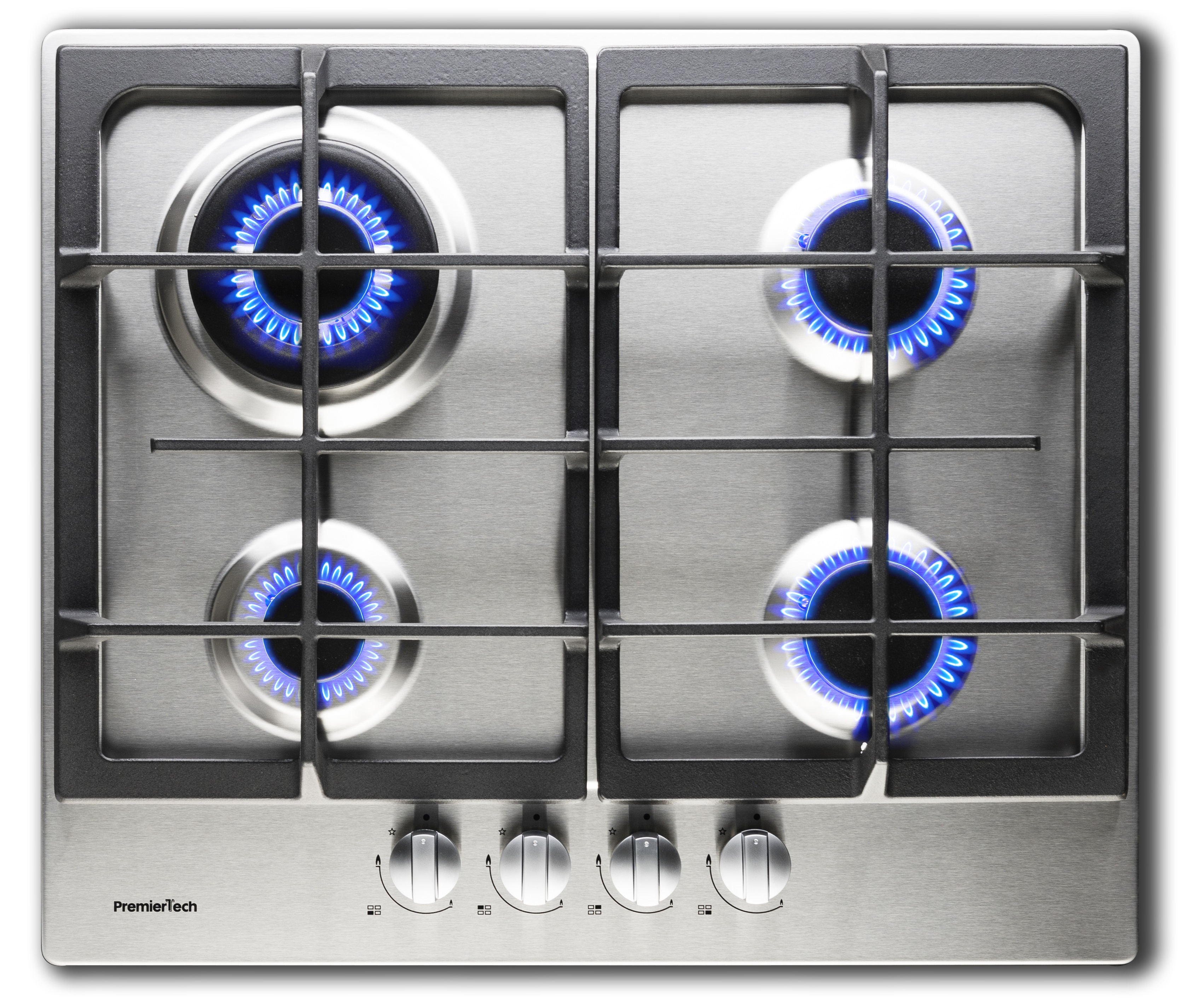 Piano cottura a gas con quattro fuochi accesi in blu. Superficie in acciaio inox, griglie nere, manopole. PremierTech.