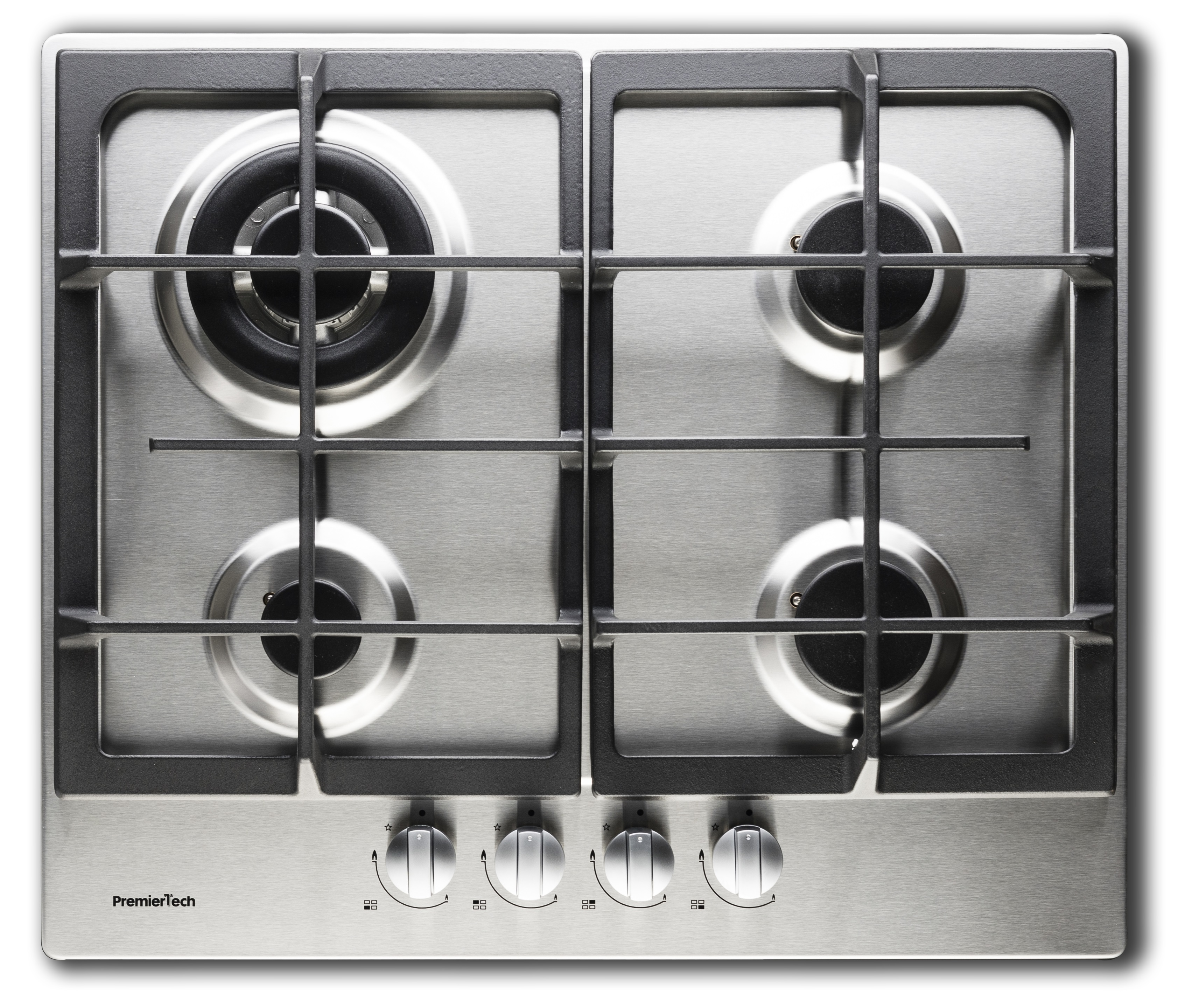 Piano cottura a gas con quattro fuochi, due elettrici. Acciaio inox, griglie nere, manopole. PremierTech.