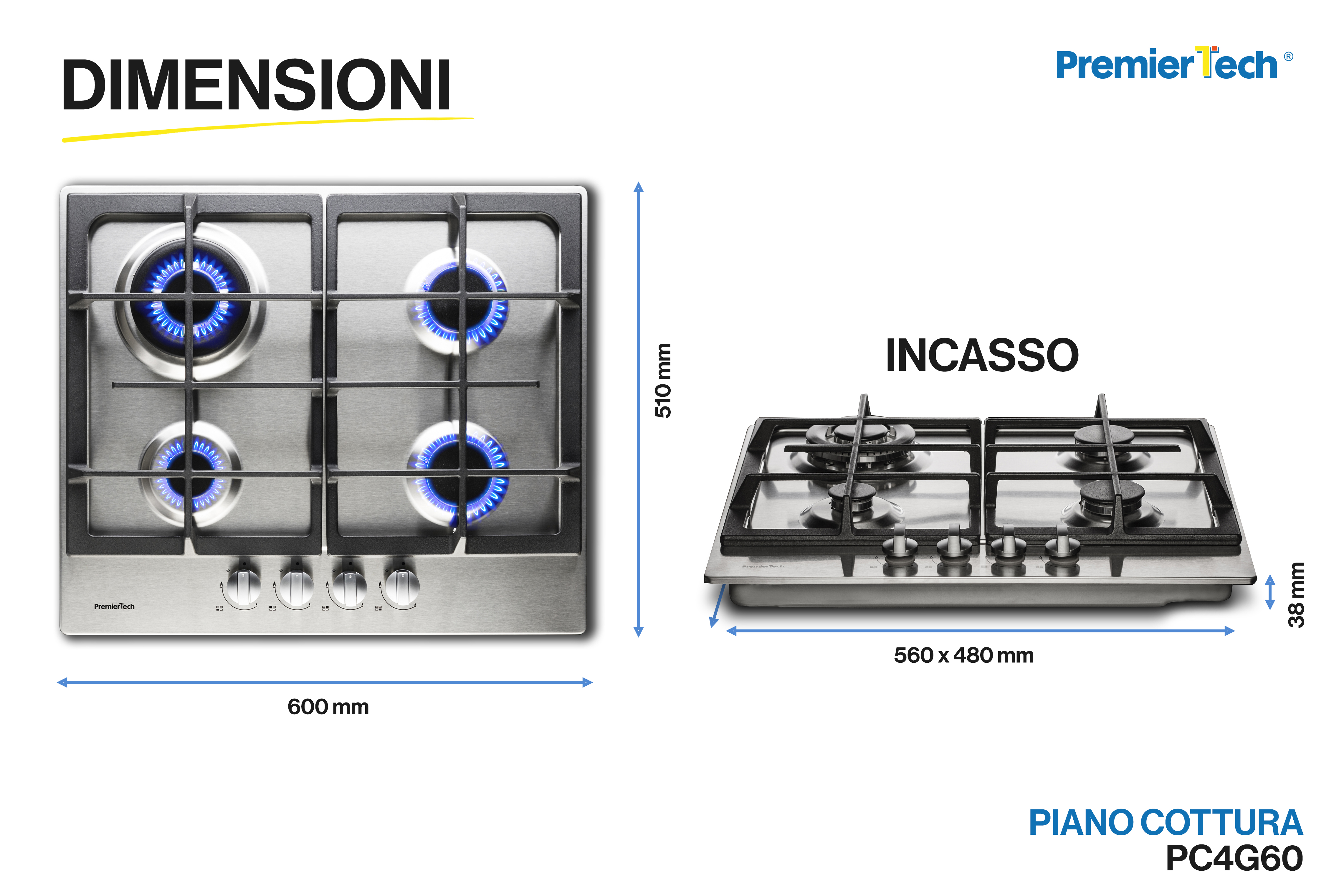 Diagramma delle dimensioni e della disposizione del fornello a gas.