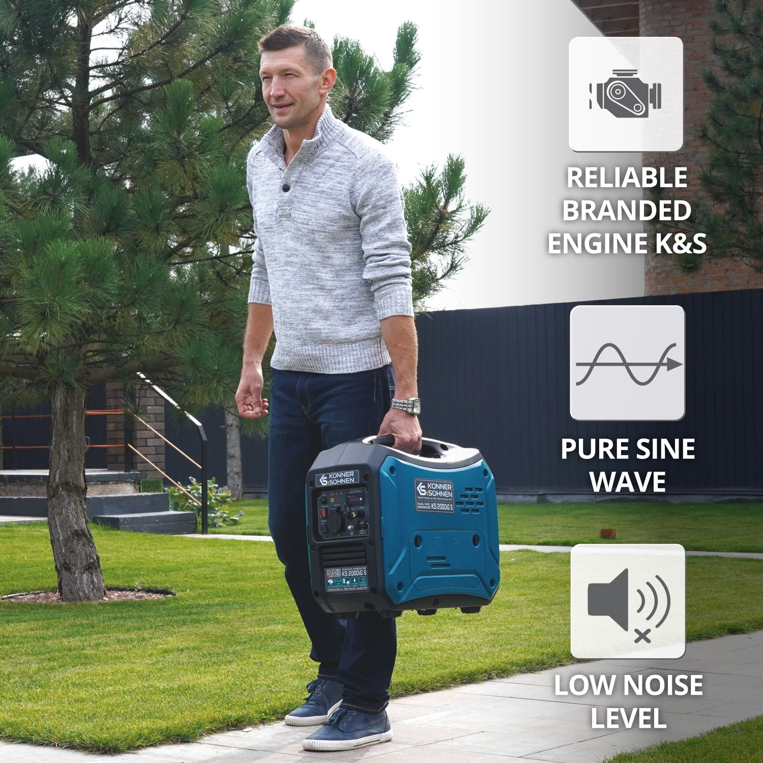 Mężczyzna niosący generator z niebieską obudową. Ikony wskazują na niezawodny silnik, falę sinusoidalną i niski poziom hałasu.