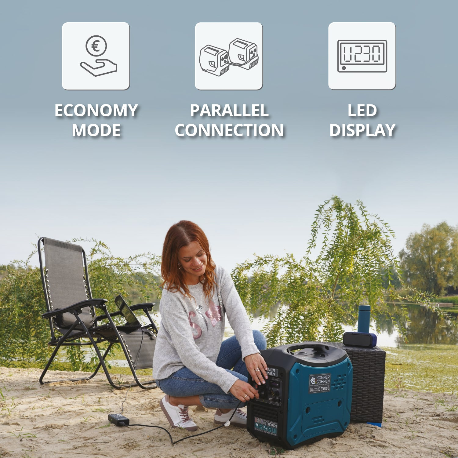 Kobieta uruchamia generator na zewnątrz.