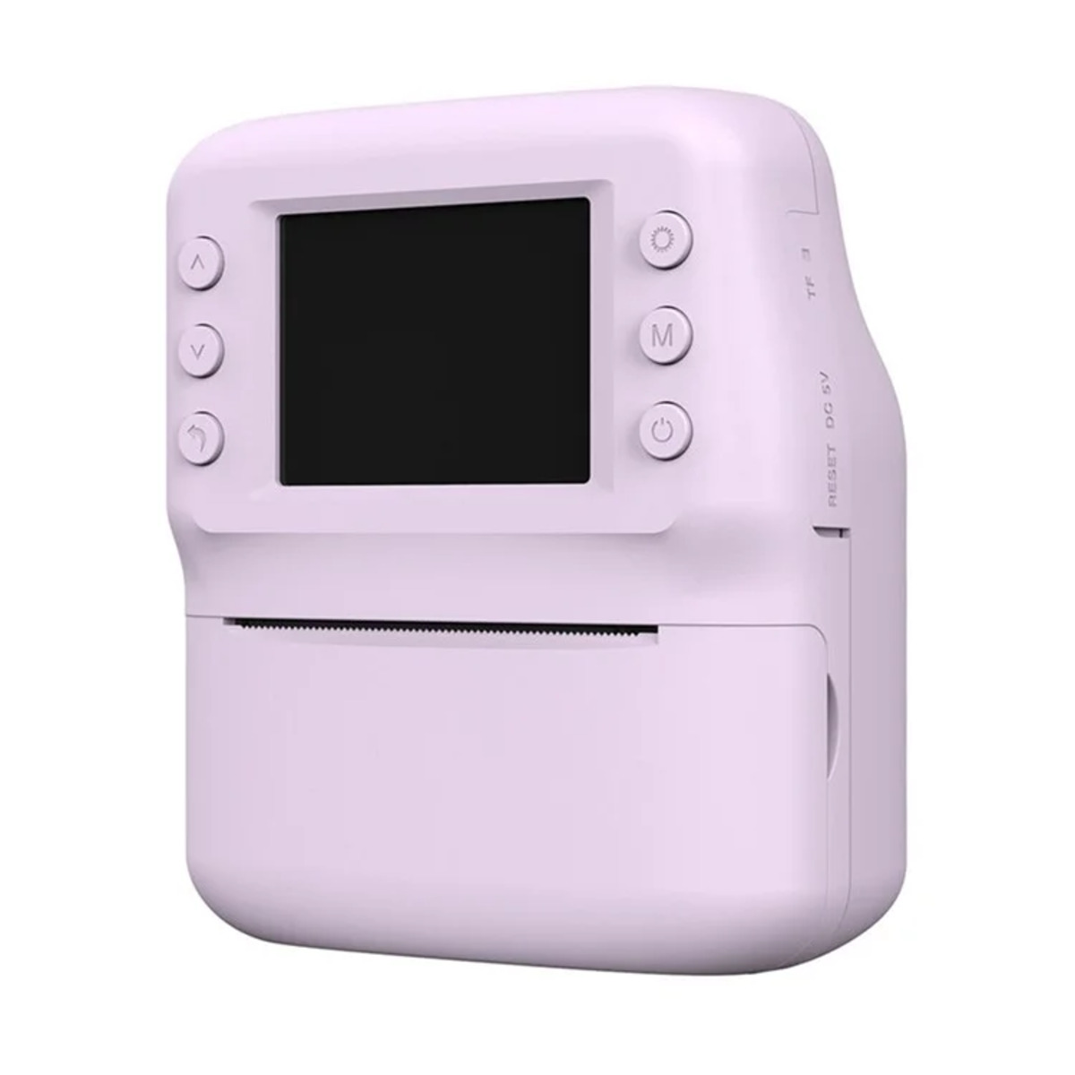 Cámara instantánea rosa con pantalla, botones y salida de papel.