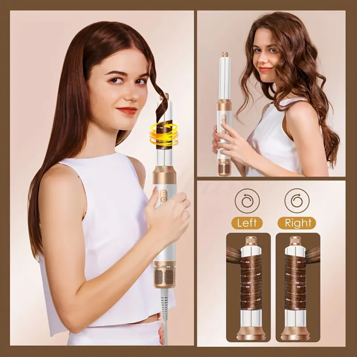 Dos mujeres usan y demuestran un moldeador de cabello blanco y dorado en cabello castaño, con instrucciones visuales sobre un fondo beige.