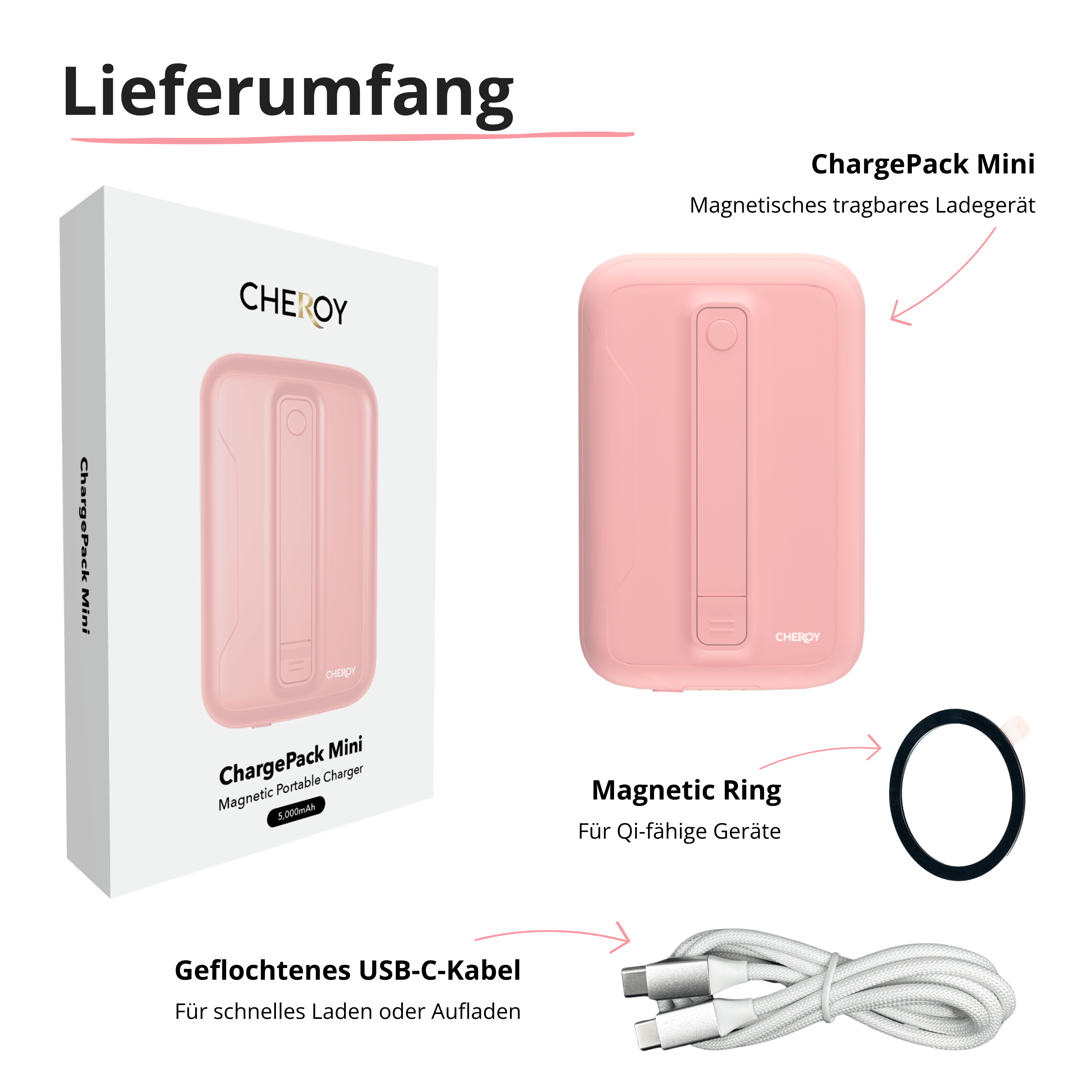Pinkfarbener ChargePack Mini, Magnetring und USB-C-Kabel. Box und Ladegerät tragen die Marke CHEROY.