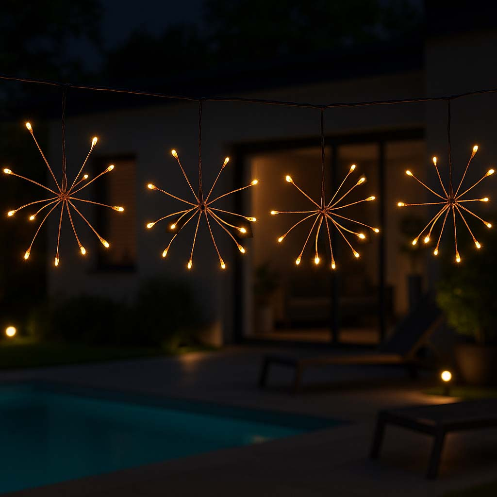 Vier sternförmige Lichter hängen draußen bei Nacht und beleuchten einen Poolbereich. Dunkler Hintergrund.