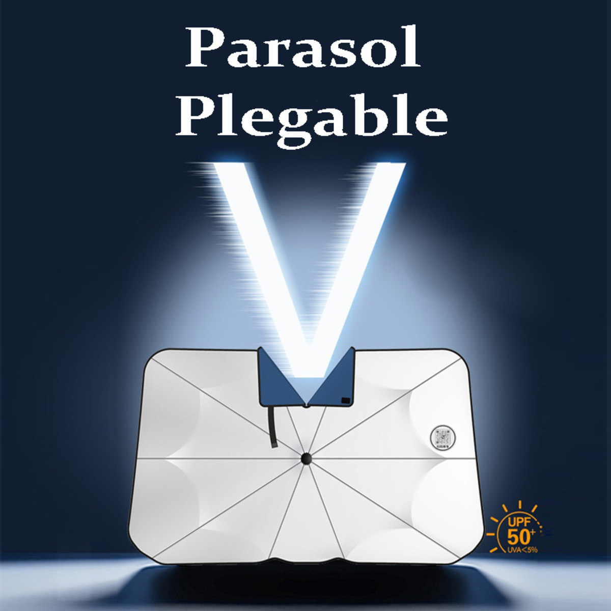 Parasol plegable para coche, blanco con reflejo azul en forma de V. Texto: 'Parasol Plegable'.
