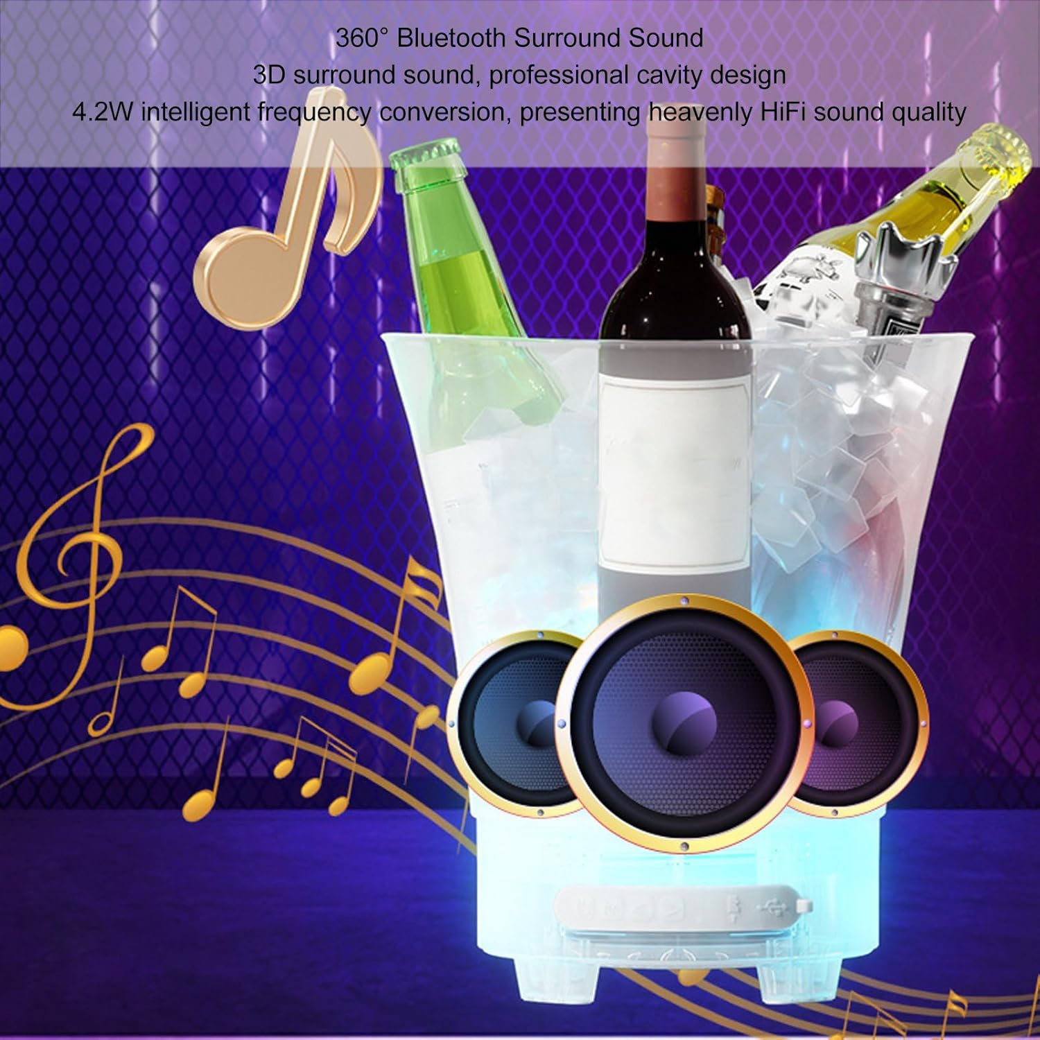 Enfriador de bebidas con botellas y altavoces. Notas musicales doradas al fondo.