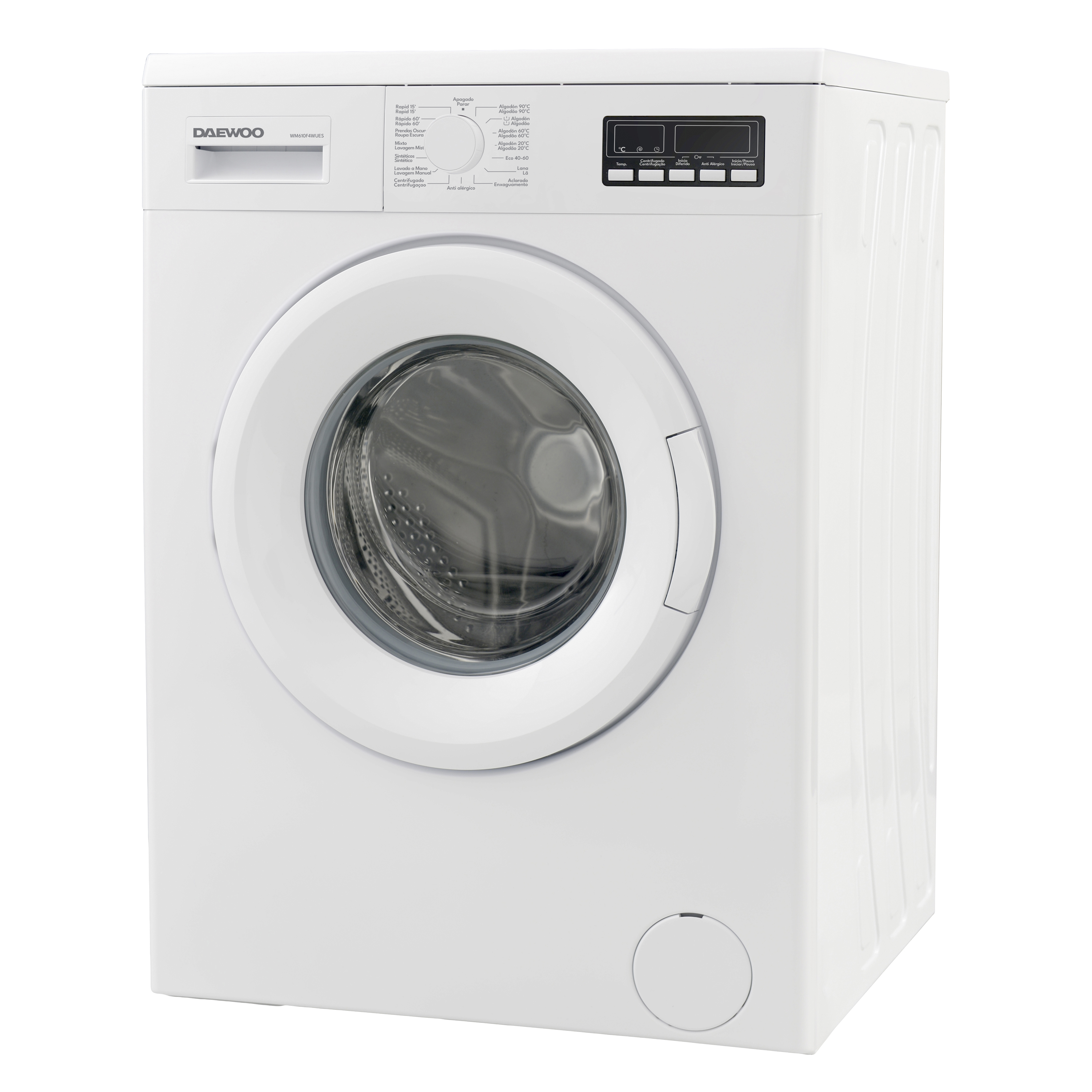 Una lavadora Daewoo blanca con panel de control en la parte superior y puerta redonda en el medio.