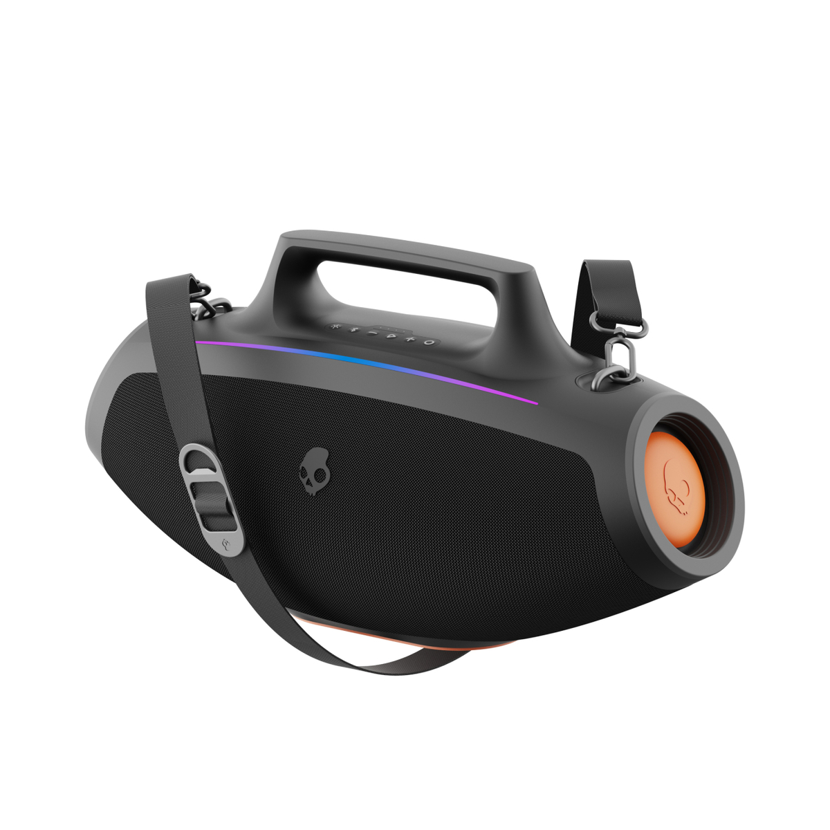 Altavoz negro y gris con detalles en naranja, asa y correa sobre fondo blanco.