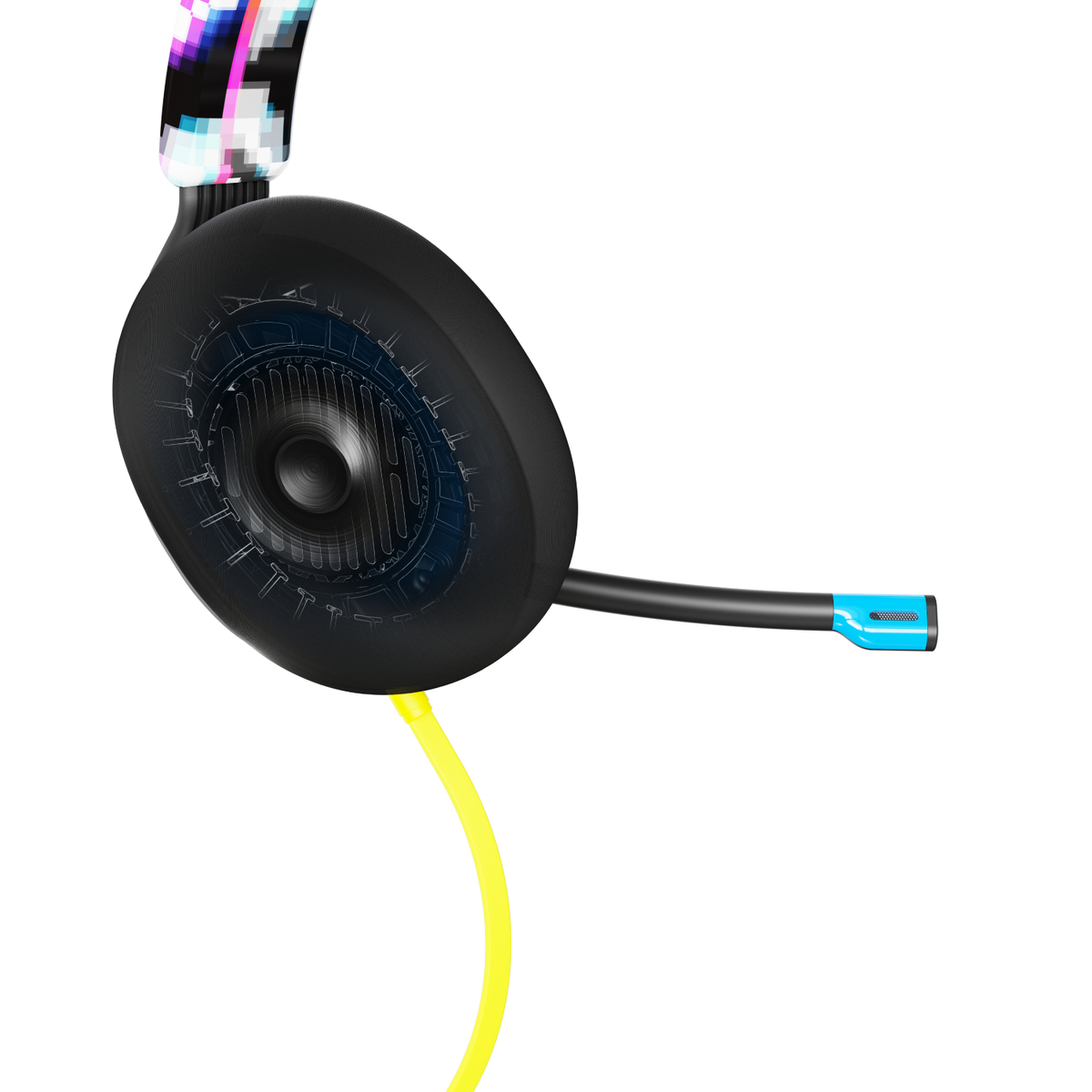Kopfhörer mit gelbem Kabel und blauem Stecker.