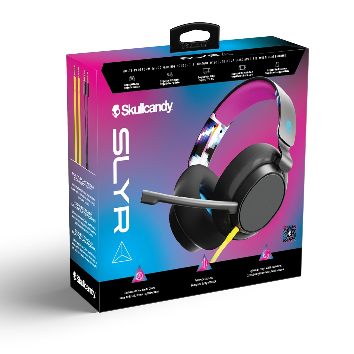 Skullcandy SLYR Gaming-Headset-Box. Schwarzes Headset mit rosa und weißen Akzenten. Gelbes Mikrofonkabel. Multi-Plattform-kompatibel.