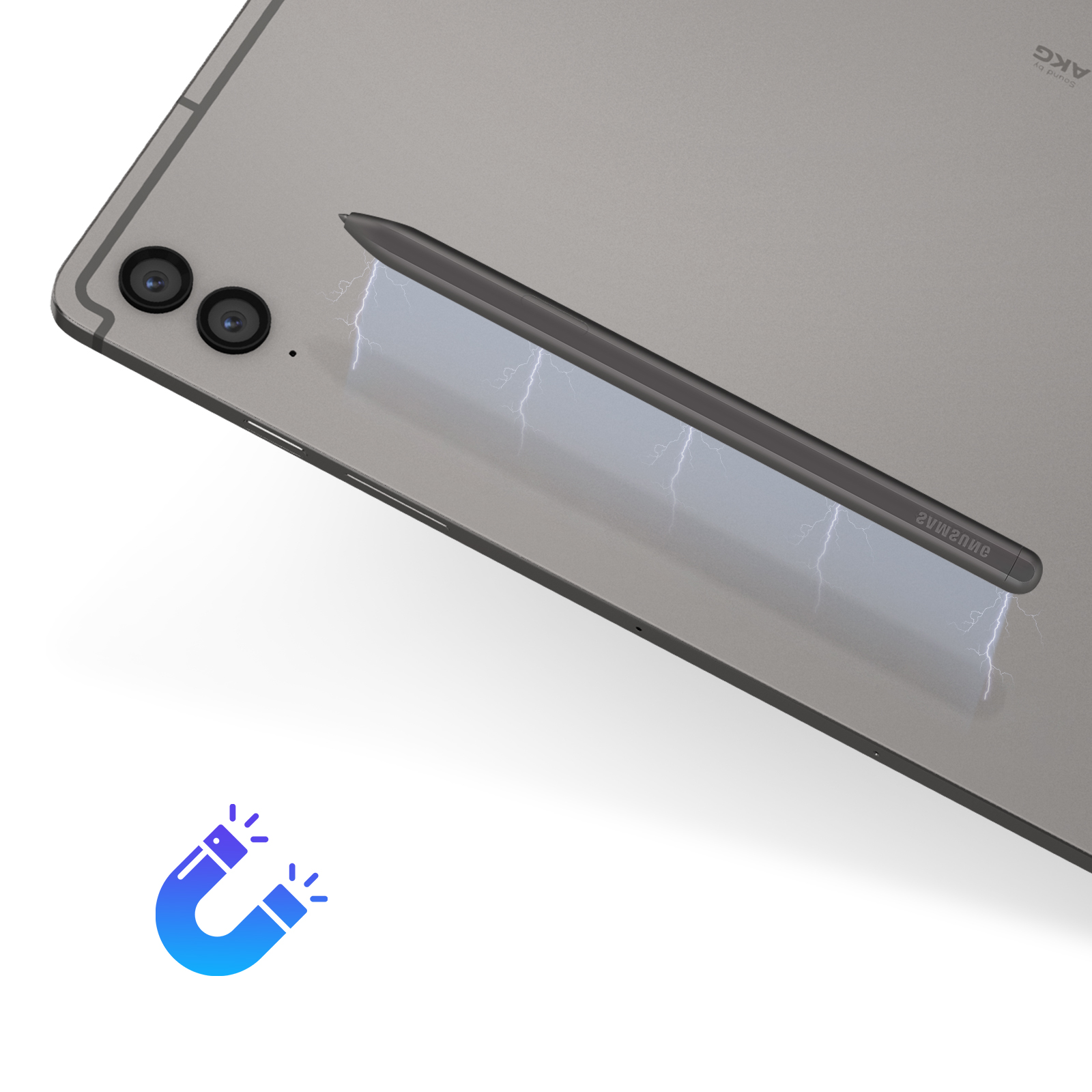 Tył tabletu z magnetycznie przymocowanym rysikiem. Błyskawice ilustrują przyciąganie magnetyczne. Widoczne kamery i logo AKG.