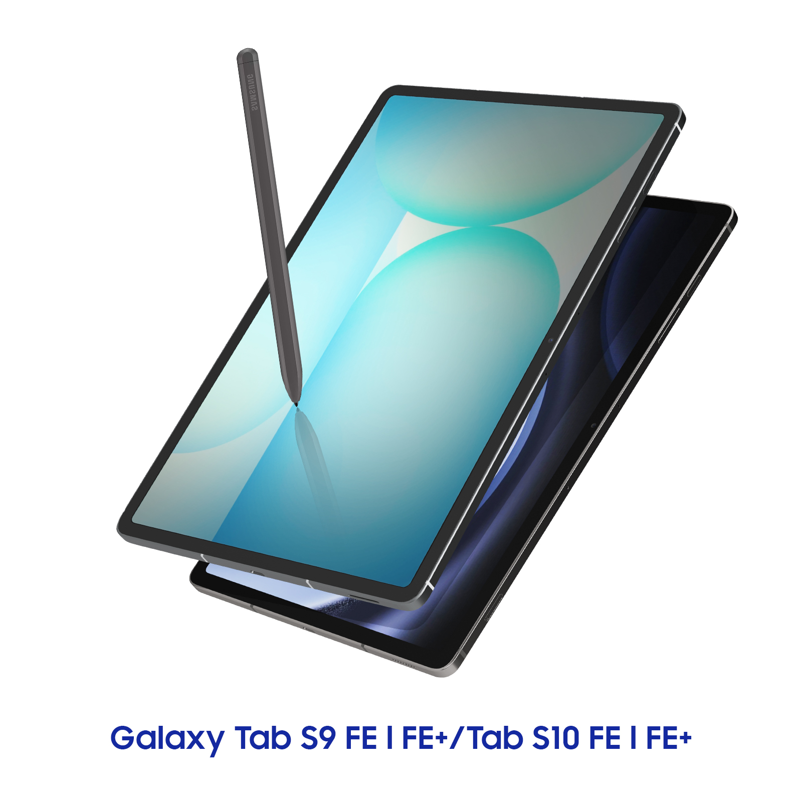 Dwa tablety, jeden na drugim, z rysikiem. Górny tablet ma ekran z niebieskim gradientem. Rysik jest szary.