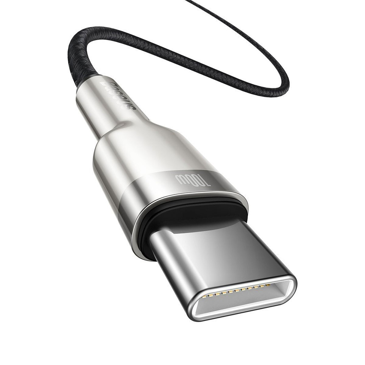 Srebrny kabel USB-C z etykietą 100W. Kabel jest podłączony.