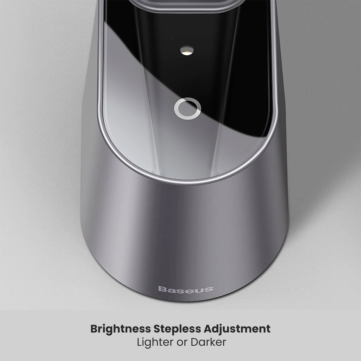 Srebrna stacja ładowania Baseus. Tekst poniżej brzmi "Regulacja jasności bezstopniowa Jaśniej lub Ciemniej".