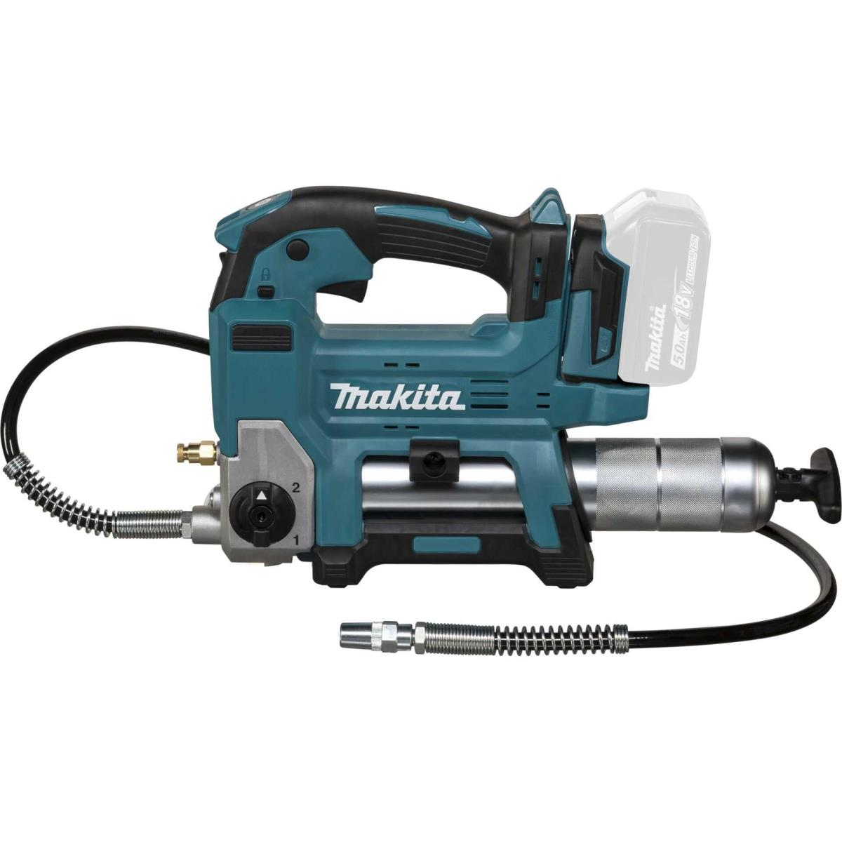 Ingrassatore Makita verde acqua con maniglia, batteria e tubo flessibile, su sfondo bianco.