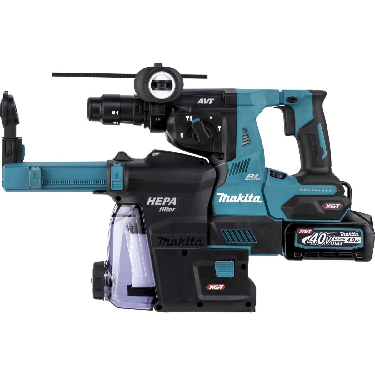 Trapano a martello Makita verde acqua con aspirapolvere e batteria, su sfondo bianco.