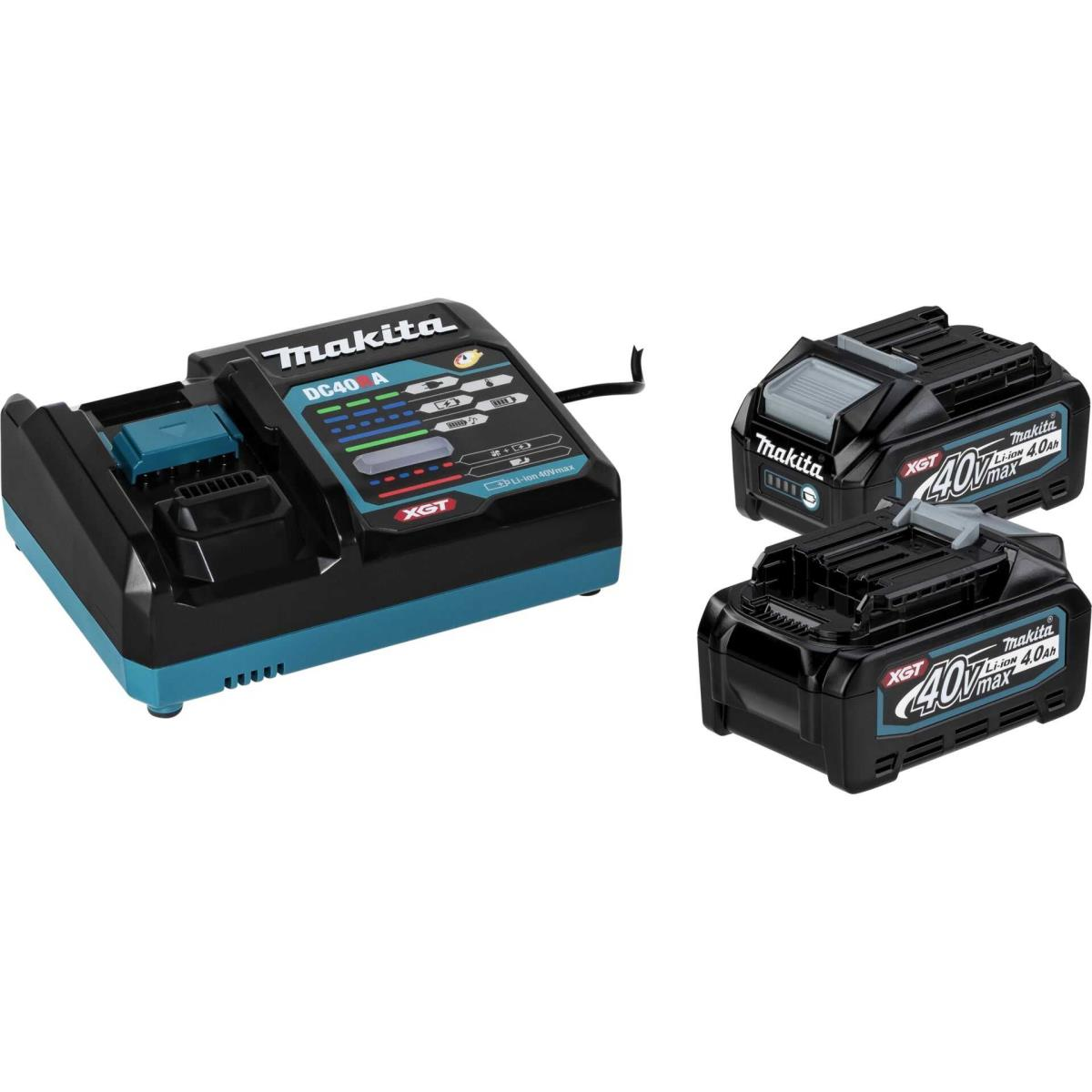 Caricabatterie Makita nero e due batterie nere con testo bianco su sfondo bianco.