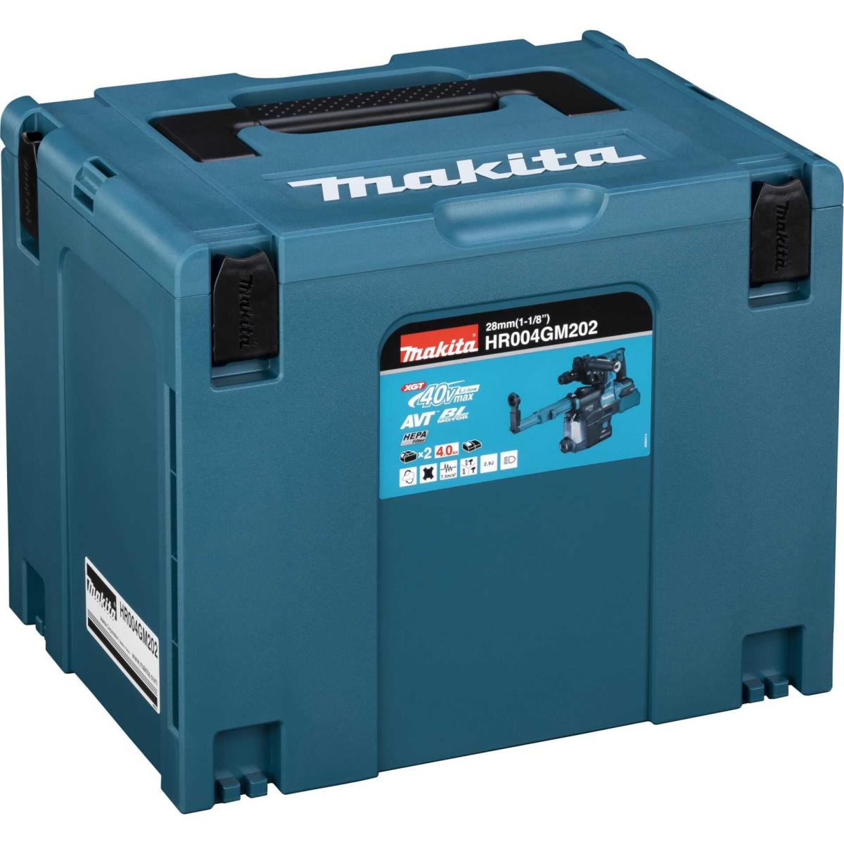 Cassetta degli attrezzi blu Makita con manico nero. Ha un logo Makita bianco sul davanti.