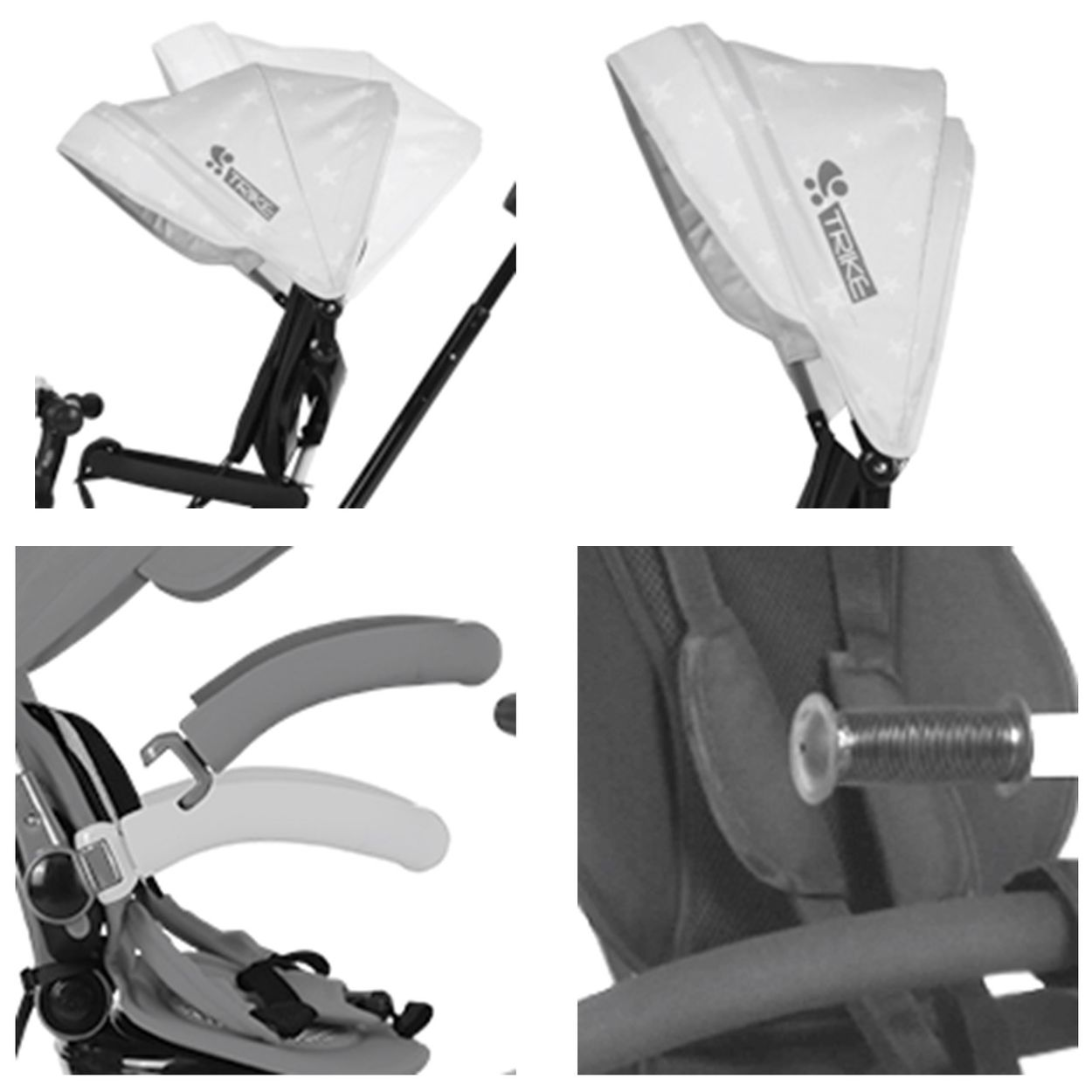 Bilder eines Baby-Trikes. Zeigt das Verdeck, die Lenkstange und Details des Sicherheitsgurts.