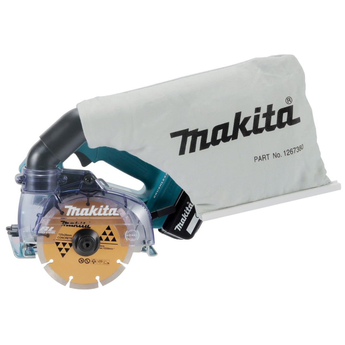 Eine Makita Betonsäge mit Sägeblatt und Staubbeutel.