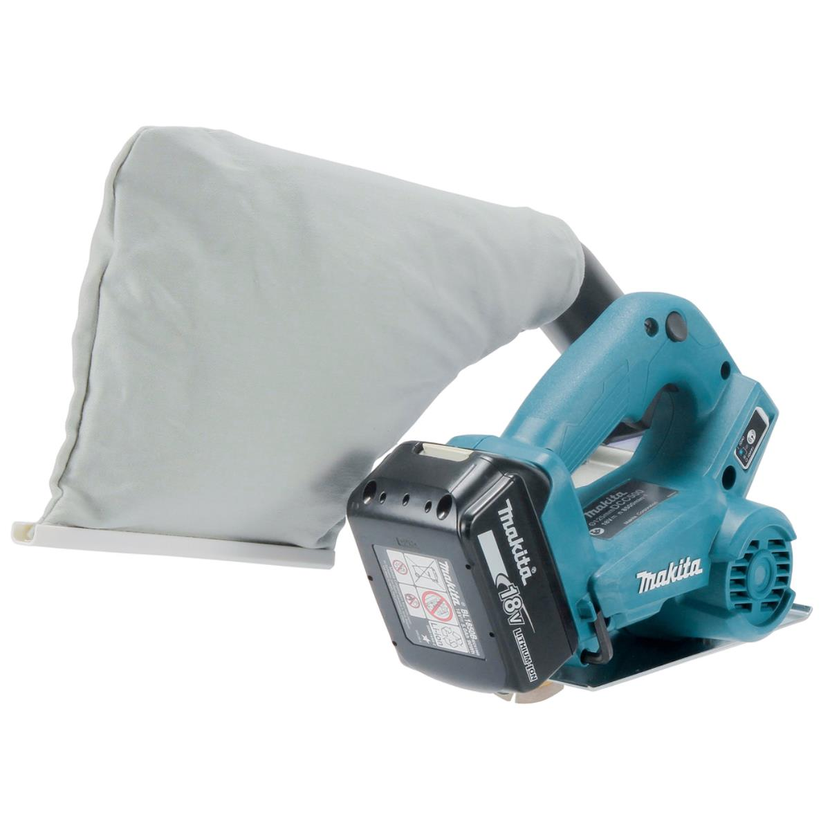 Ein Makita Betonplaner mit Staubbeutel und Akku.