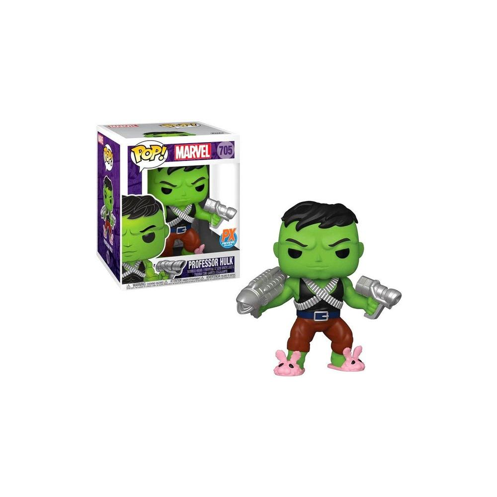 Professor Hulk Funko Pop Figur mit grauen Armen, brauner Hose und rosa Hasenslippers, neben der Box.