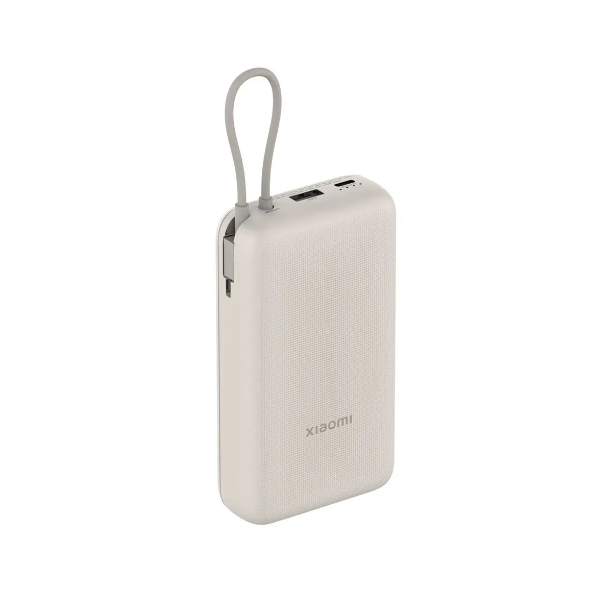 Biały power bank Xiaomi z szarym uchwytem, portami USB i teksturowanym przodem. Izolowany na białym tle.