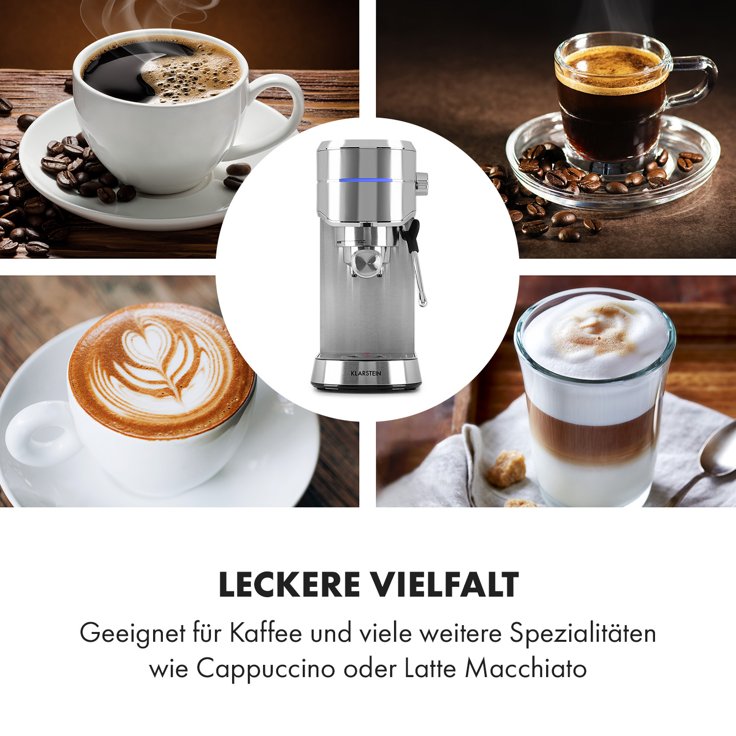 Eine Espressomaschine mit verschiedenen Kaffeesorten: Latte, Cappuccino und Espresso.