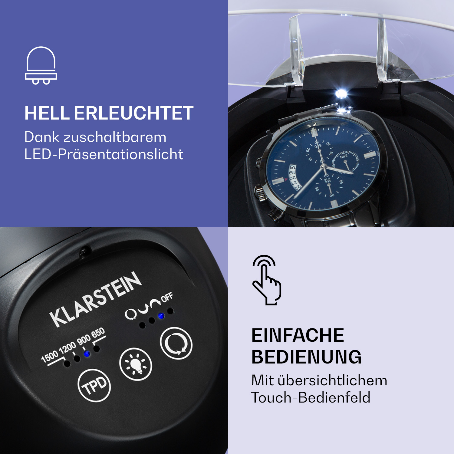 Ein Uhrenbeweger mit Uhr, Touchpanel und Licht. Schwarzer Hintergrund.